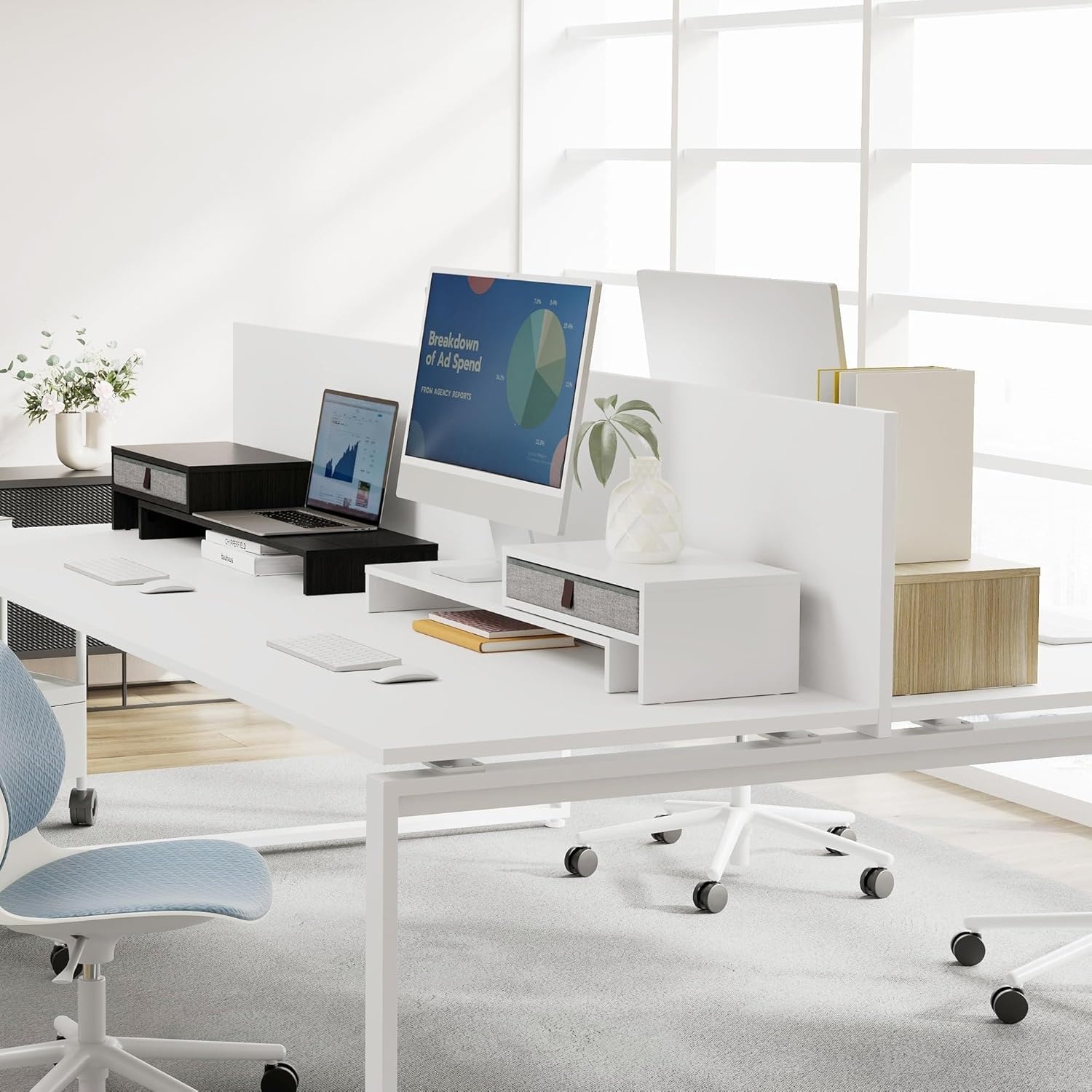 image:imageFenge Computer Monitor Riser Stand with Drawer for 2 or 3 Monitors Adjustable Length and Angle Desktop Laptop StandOffice OrganizerPrinterBlackWhite