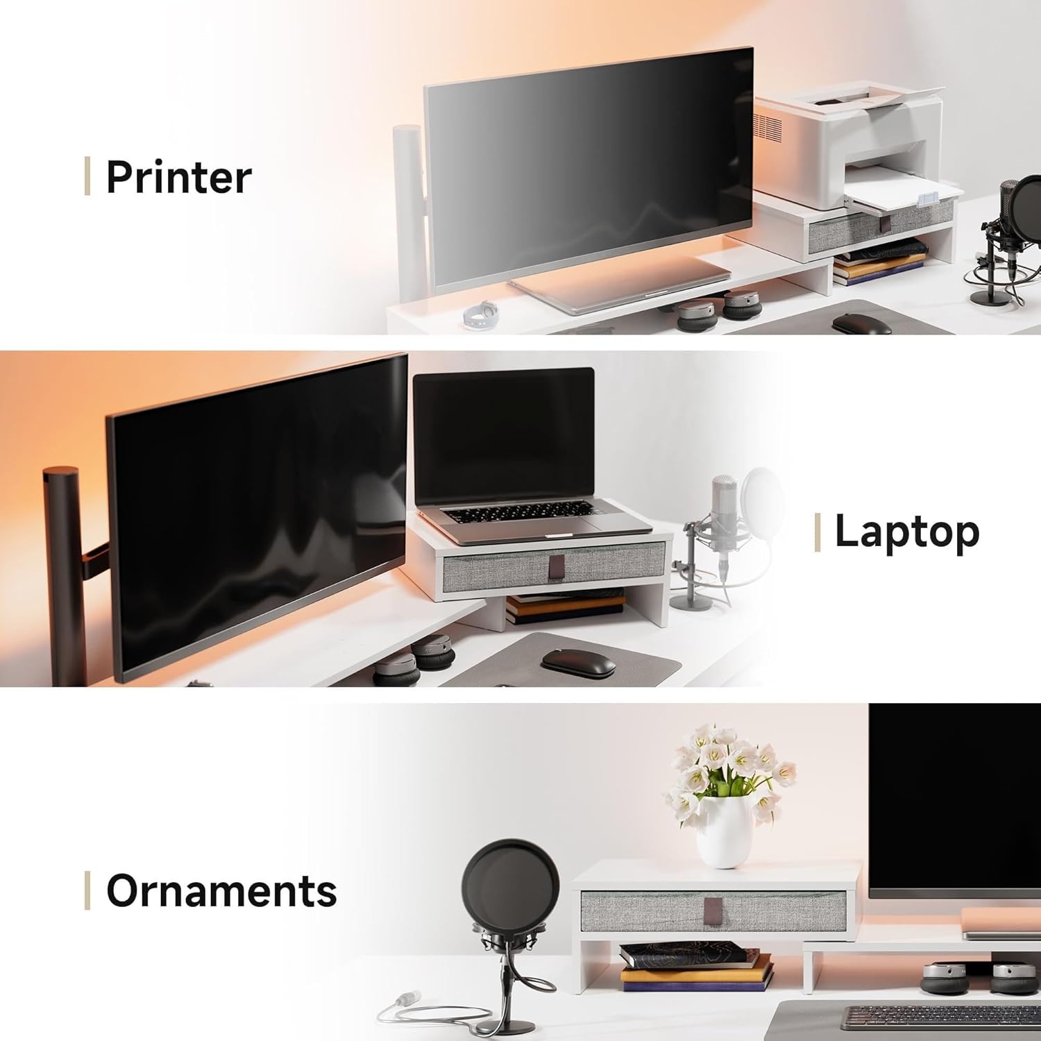 image:imageFenge Computer Monitor Riser Stand with Drawer for 2 or 3 Monitors Adjustable Length and Angle Desktop Laptop StandOffice OrganizerPrinterBlackWhite
