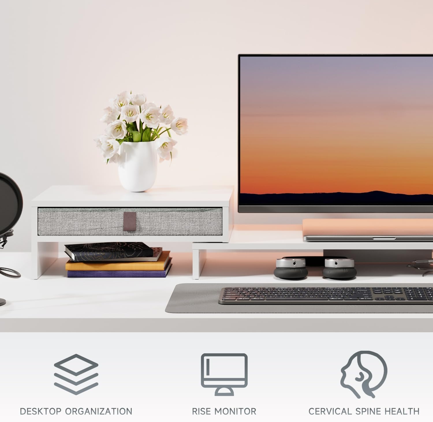 image:imageFenge Computer Monitor Riser Stand with Drawer for 2 or 3 Monitors Adjustable Length and Angle Desktop Laptop StandOffice OrganizerPrinterBlackWhite