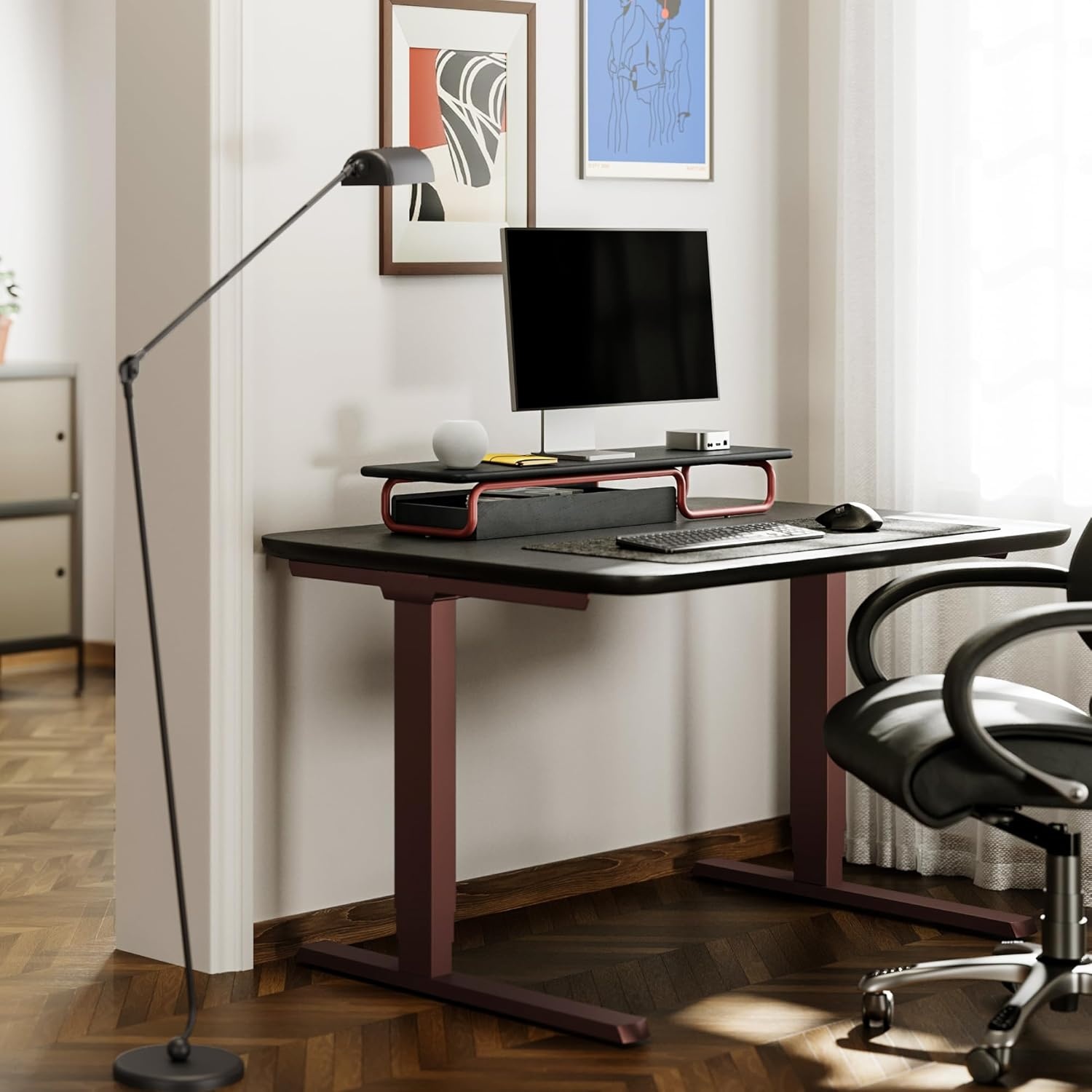 image:imageFenge Dual Monitor Riser 37 Inch Monitor Stand for Desk Solid Wood Desk Shelf with Large Drawer Organizer No Assembly Computer Stand for PC Laptop Printer TVBlack