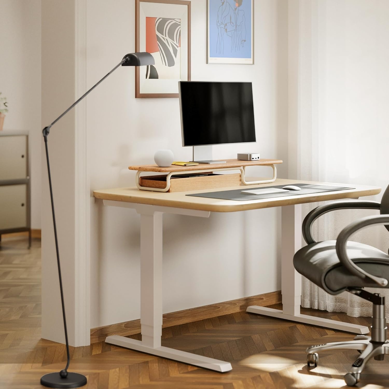 image:imageFenge Dual Monitor Riser 37 Inch Monitor Stand for Desk Solid Wood Desk Shelf with Large Drawer Organizer No Assembly Computer Stand for PC Laptop Printer TVOak