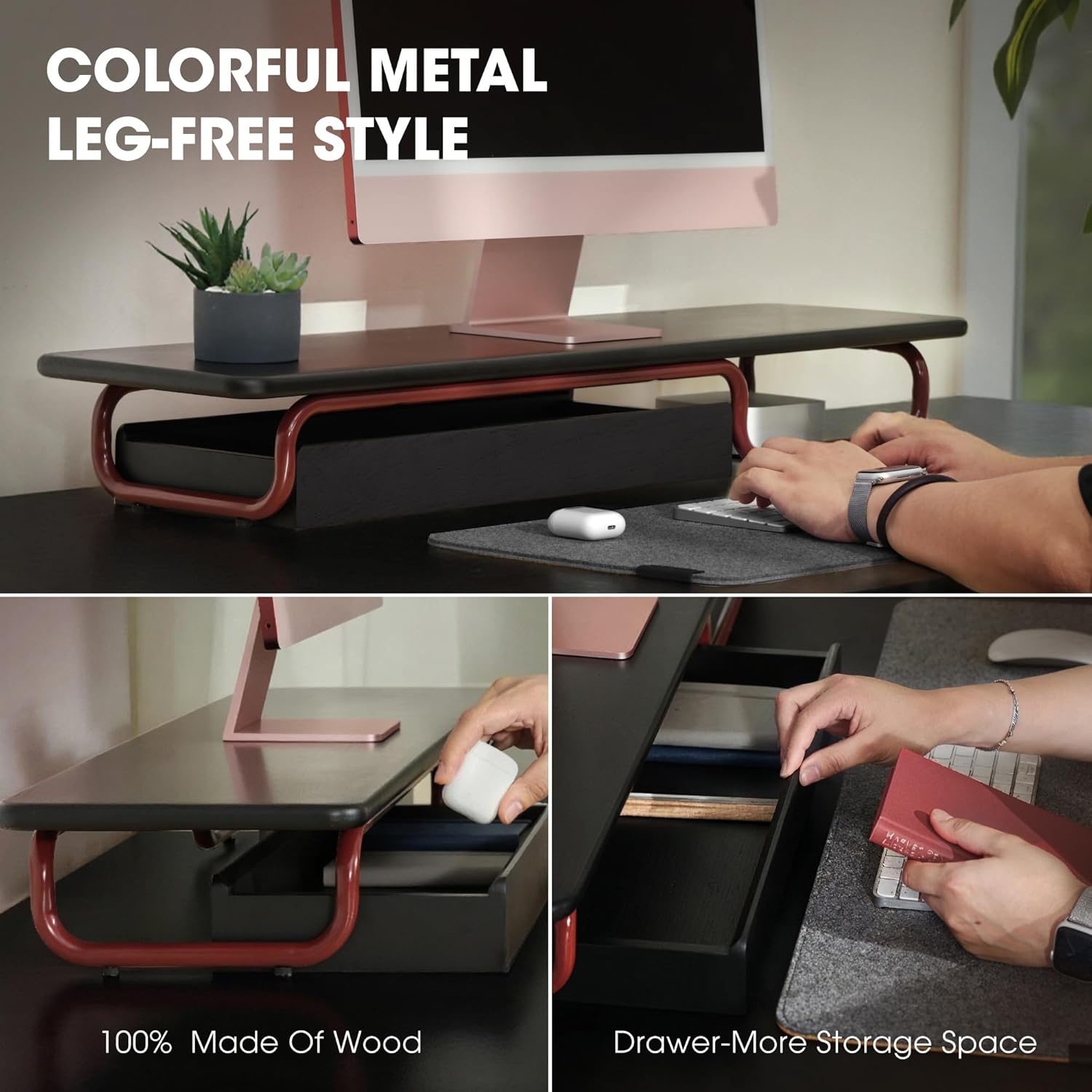 image:imageFenge Dual Monitor Riser 37 Inch Monitor Stand for Desk Solid Wood Desk Shelf with Large Drawer Organizer No Assembly Computer Stand for PC Laptop Printer TVBlack