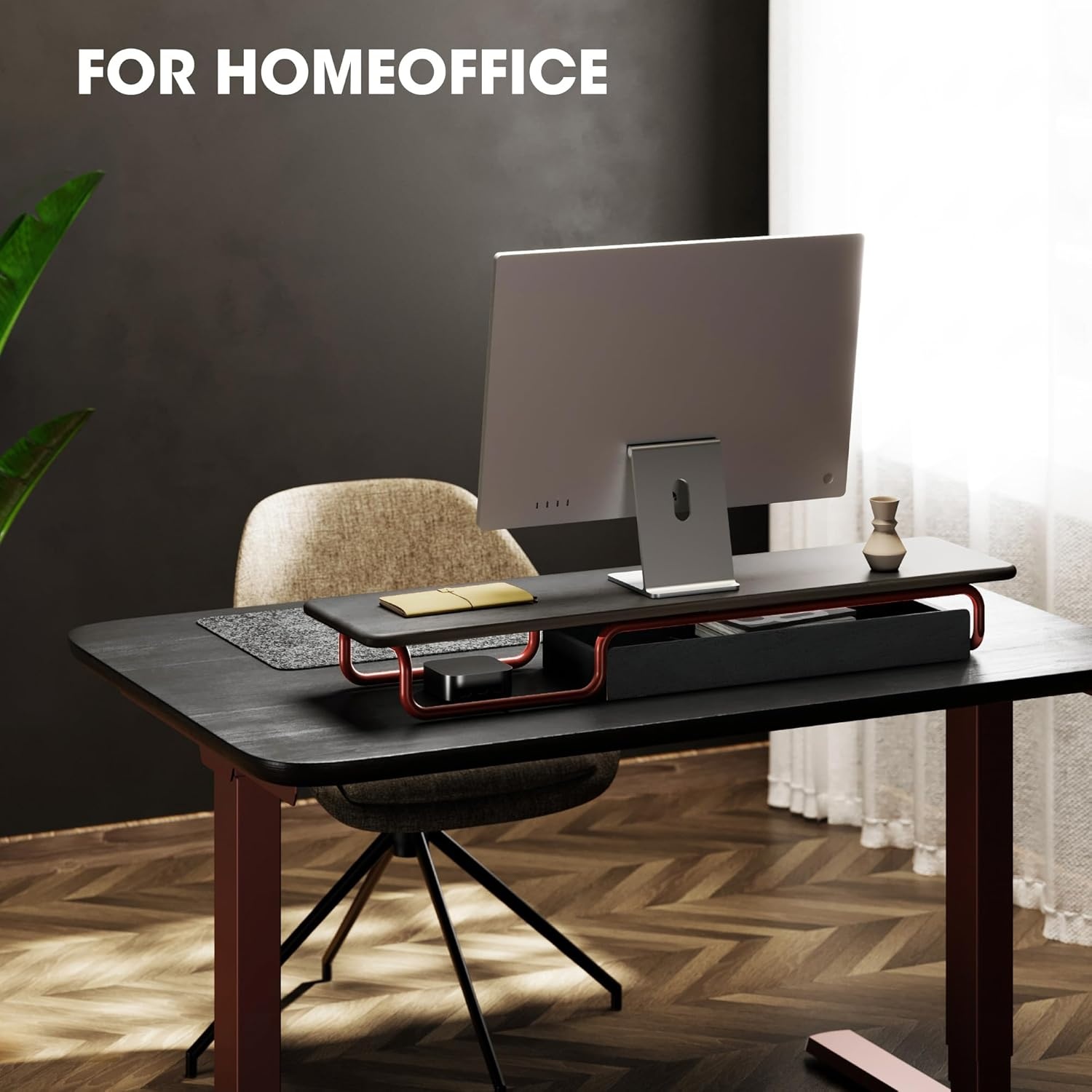 image:imageFenge Dual Monitor Riser 37 Inch Monitor Stand for Desk Solid Wood Desk Shelf with Large Drawer Organizer No Assembly Computer Stand for PC Laptop Printer TVBlack