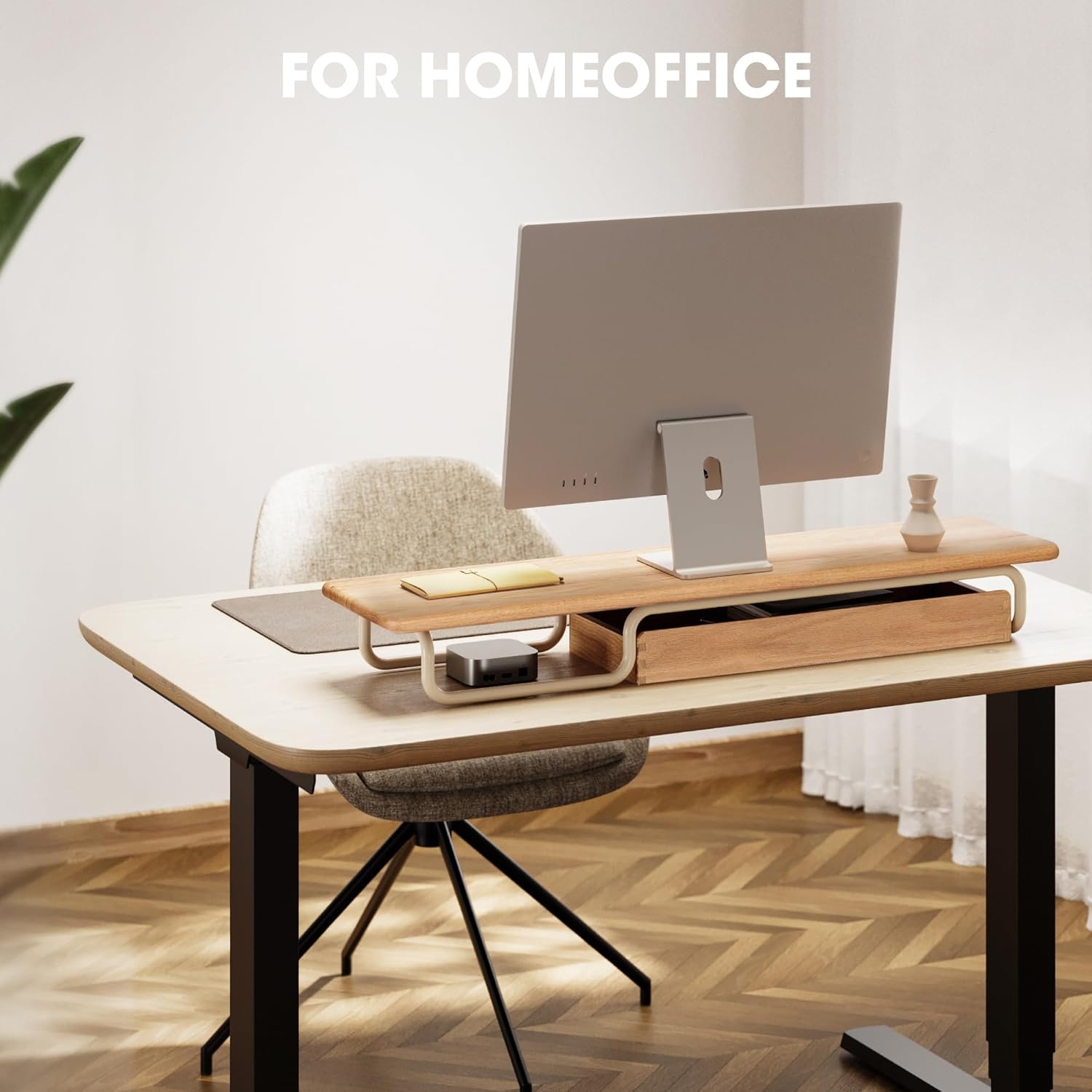 image:imageFenge Dual Monitor Riser 37 Inch Monitor Stand for Desk Solid Wood Desk Shelf with Large Drawer Organizer No Assembly Computer Stand for PC Laptop Printer TVOak