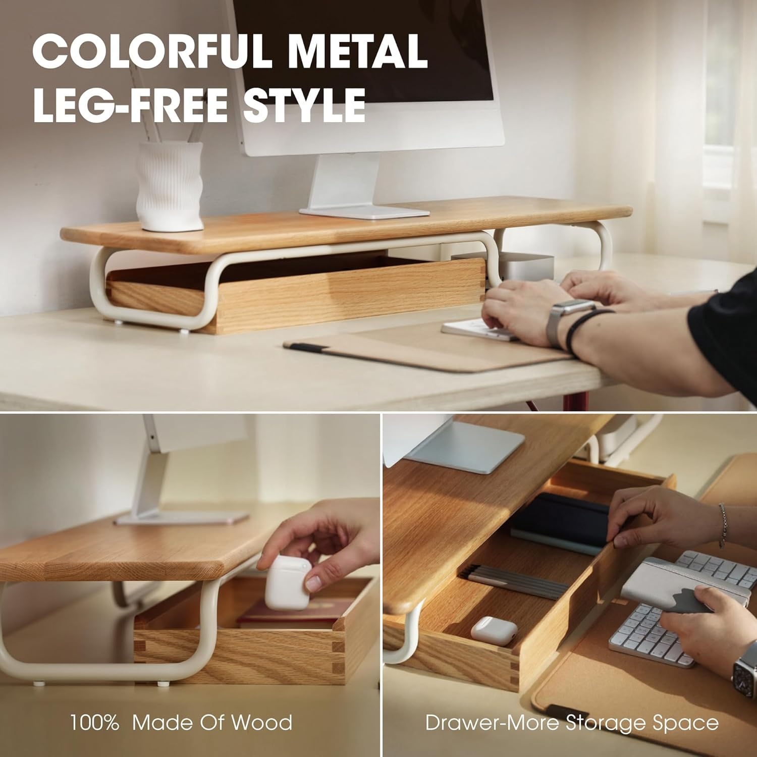 image:imageFenge Dual Monitor Riser 37 Inch Monitor Stand for Desk Solid Wood Desk Shelf with Large Drawer Organizer No Assembly Computer Stand for PC Laptop Printer TVOak