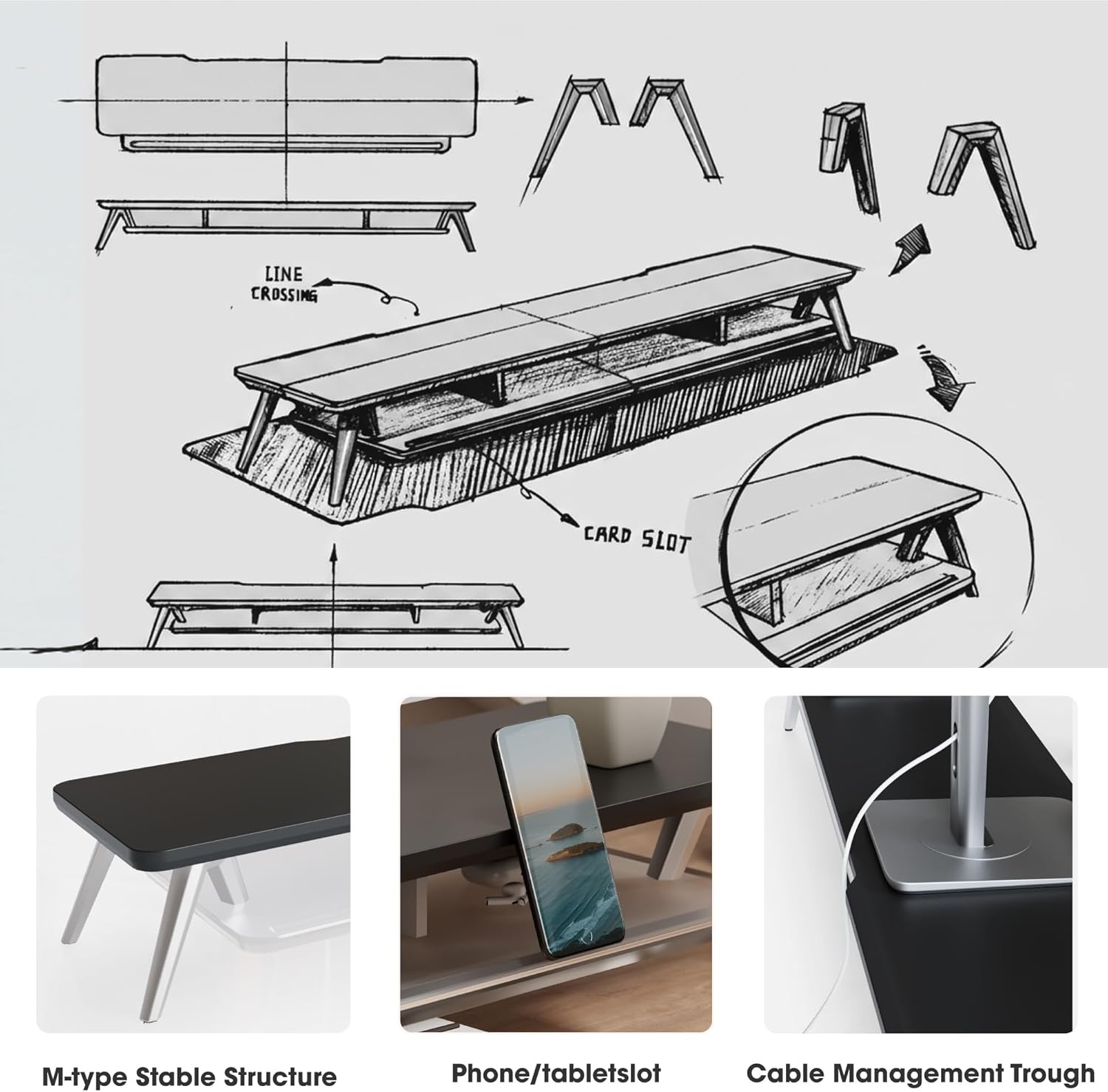 image:imageFenge Dual Monitor Stand 2 Tiers Acrylic Monitor Riser with LED Lights 425 Inch Wood and Aluminum Desk Shelf with Phone and Tablet HolderBlack