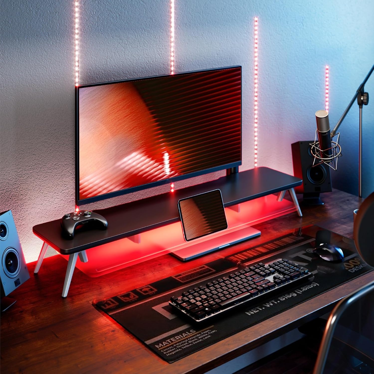 image:imageFenge Dual Monitor Stand 2 Tiers Acrylic Monitor Riser with LED Lights 425 Inch Wood and Aluminum Desk Shelf with Phone and Tablet HolderBlack