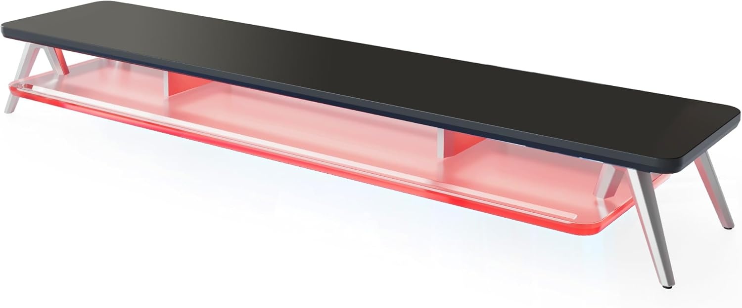 image:imageFenge Dual Monitor Stand 2 Tiers Acrylic Monitor Riser with LED Lights 425 Inch Wood and Aluminum Desk Shelf with Phone and Tablet HolderBlack