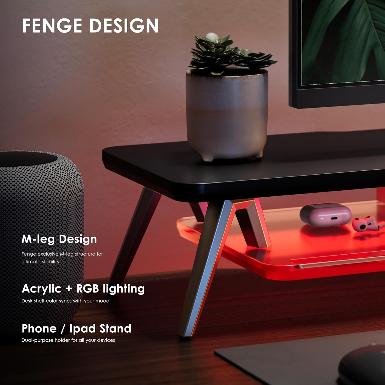 image:imageFenge Dual Monitor Stand 2 Tiers Acrylic Monitor Riser with LED Lights 425 Inch Wood and Aluminum Desk Shelf with Phone and Tablet HolderBlack