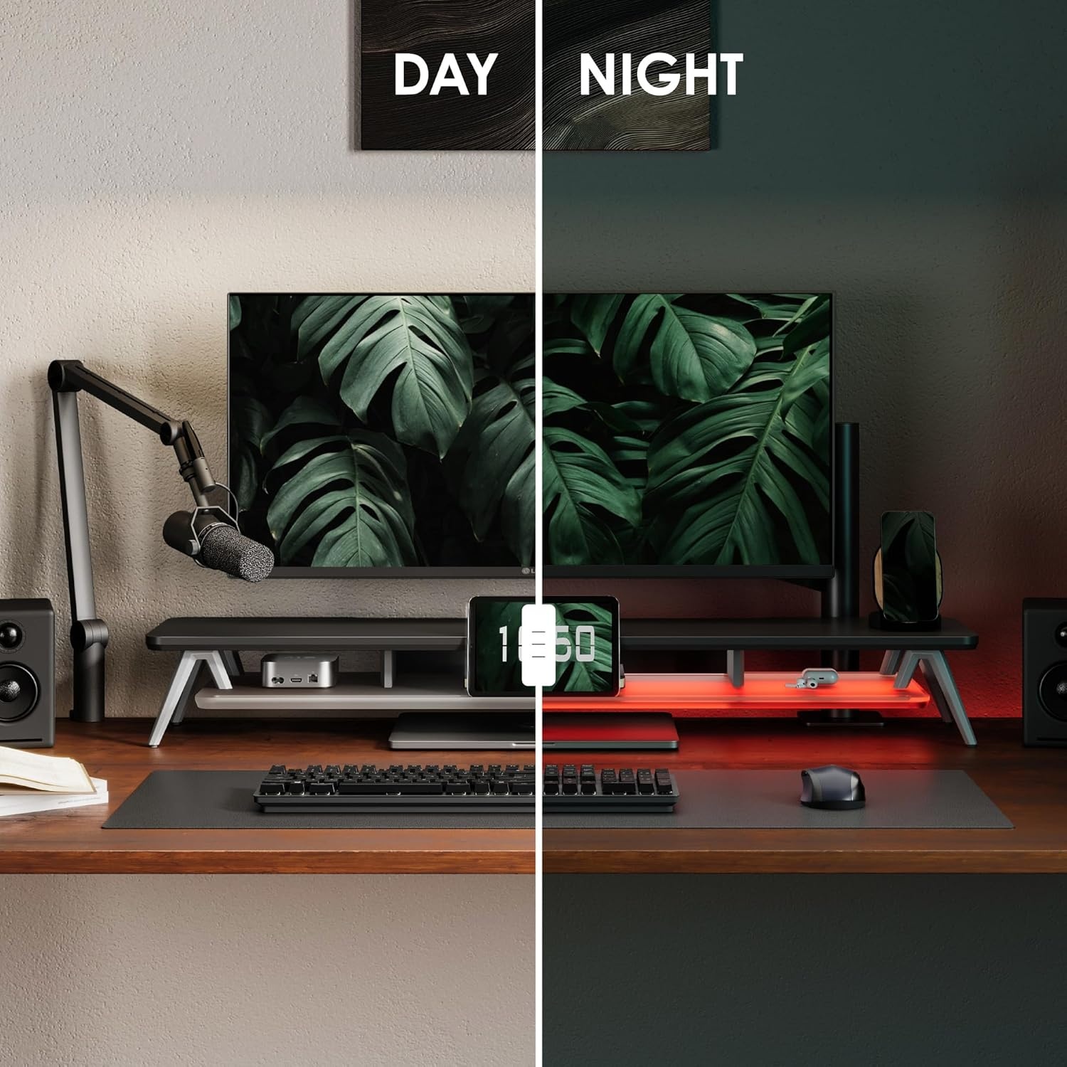 image:imageFenge Dual Monitor Stand 2 Tiers Acrylic Monitor Riser with LED Lights 425 Inch Wood and Aluminum Desk Shelf with Phone and Tablet HolderBlack