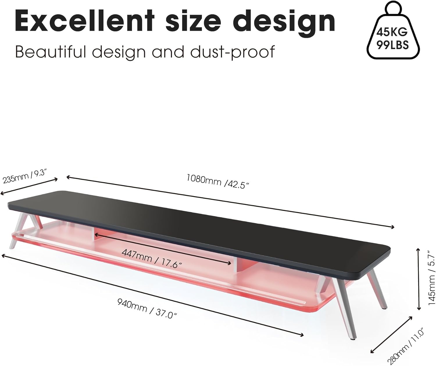 image:imageFenge Dual Monitor Stand 2 Tiers Acrylic Monitor Riser with LED Lights 425 Inch Wood and Aluminum Desk Shelf with Phone and Tablet HolderBlack