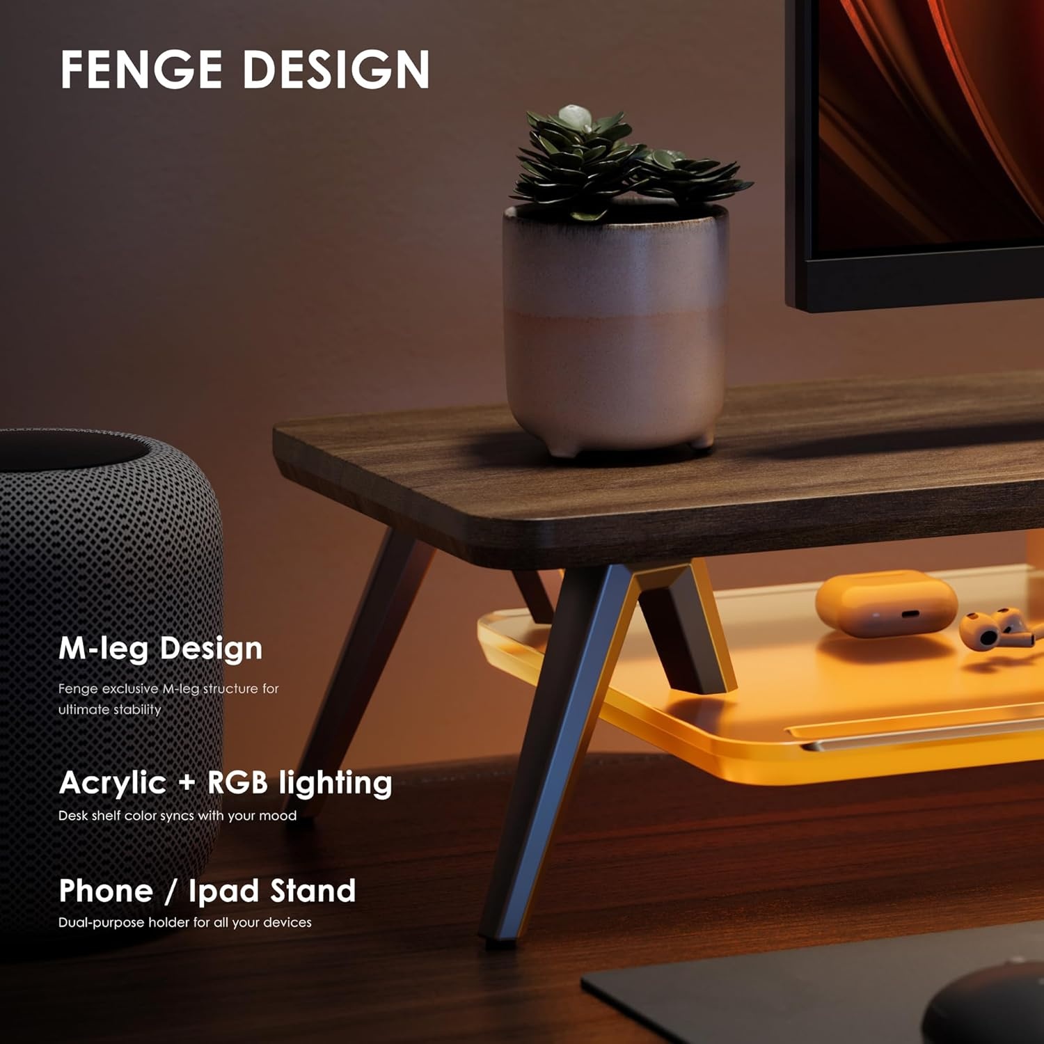 image:imageFenge Dual Monitor Stand 2 Tiers Acrylic Monitor Riser with LED Lights 425 Inch Wood and Aluminum Desk Shelf with Phone and Tablet HolderBrown