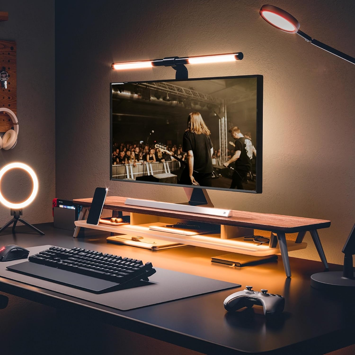 image:imageFenge Dual Monitor Stand 2 Tiers Acrylic Monitor Riser with LED Lights 425 Inch Wood and Aluminum Desk Shelf with Phone and Tablet HolderBrown