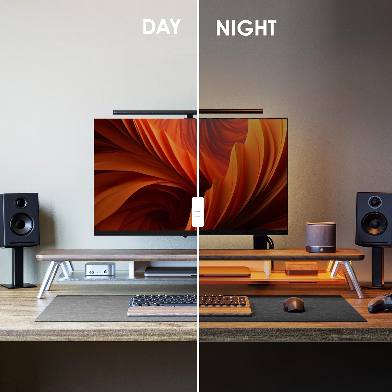 image:imageFenge Dual Monitor Stand 2 Tiers Acrylic Monitor Riser with LED Lights 425 Inch Wood and Aluminum Desk Shelf with Phone and Tablet HolderBrown