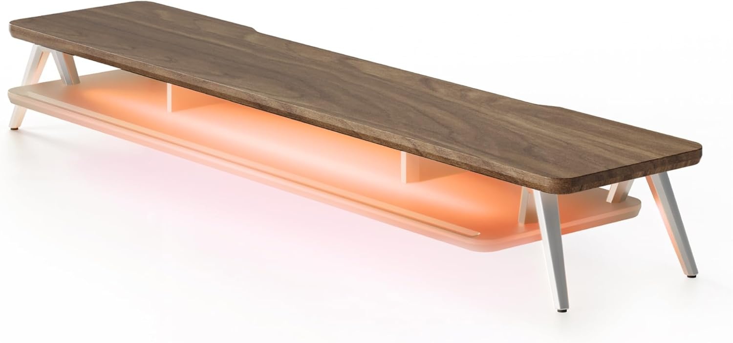 image:imageFenge Dual Monitor Stand 2 Tiers Acrylic Monitor Riser with LED Lights 425 Inch Wood and Aluminum Desk Shelf with Phone and Tablet HolderBrown