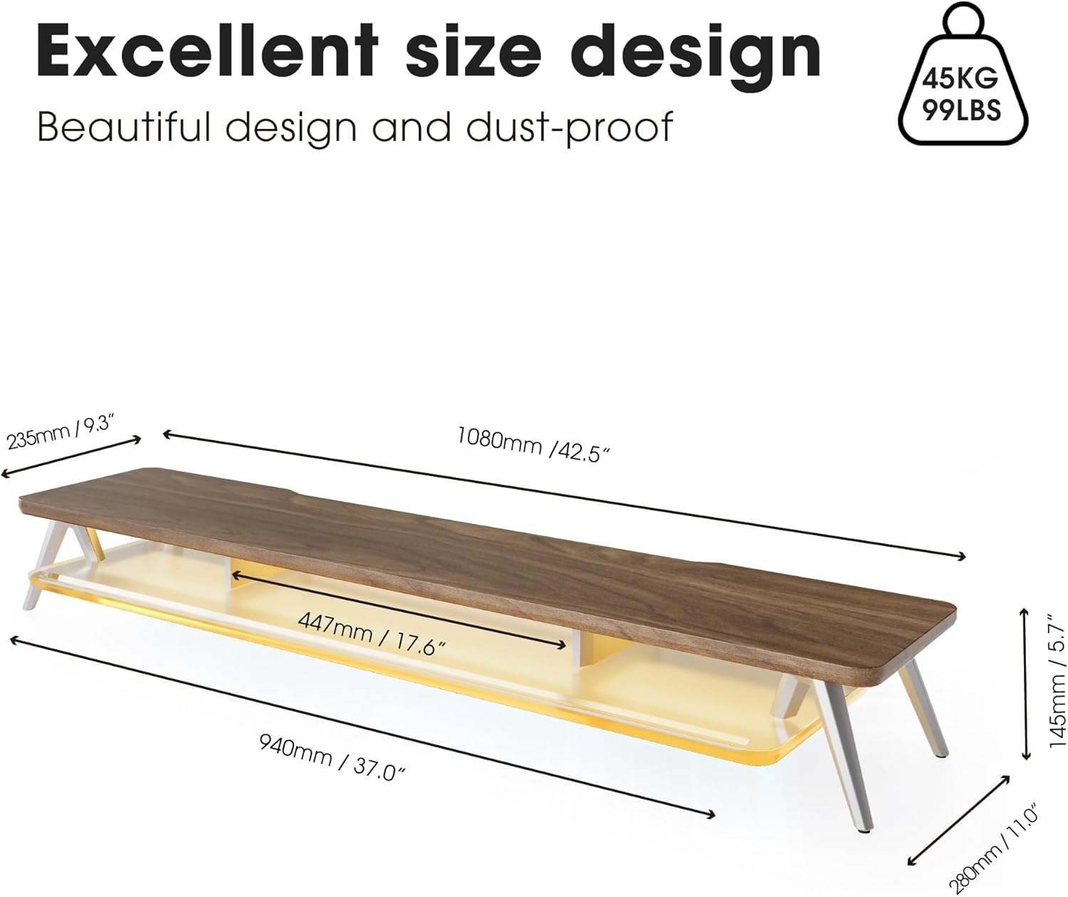 image:imageFenge Dual Monitor Stand 2 Tiers Acrylic Monitor Riser with LED Lights 425 Inch Wood and Aluminum Desk Shelf with Phone and Tablet HolderBrown