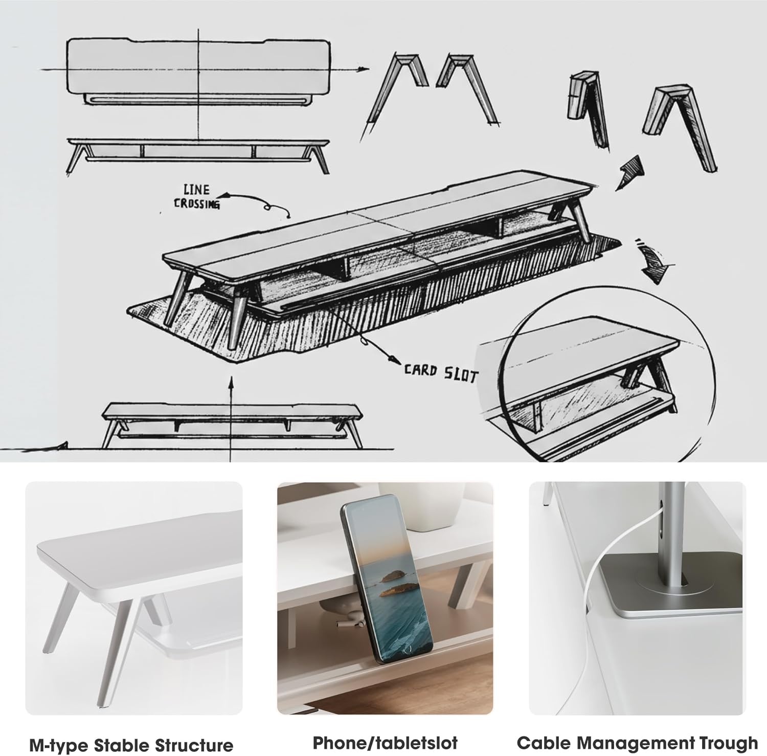 image:imageFenge Dual Monitor Stand 2 Tiers Acrylic Monitor Riser with LED Lights 425 Inch Wood and Aluminum Desk Shelf with Phone and Tablet HolderWhite