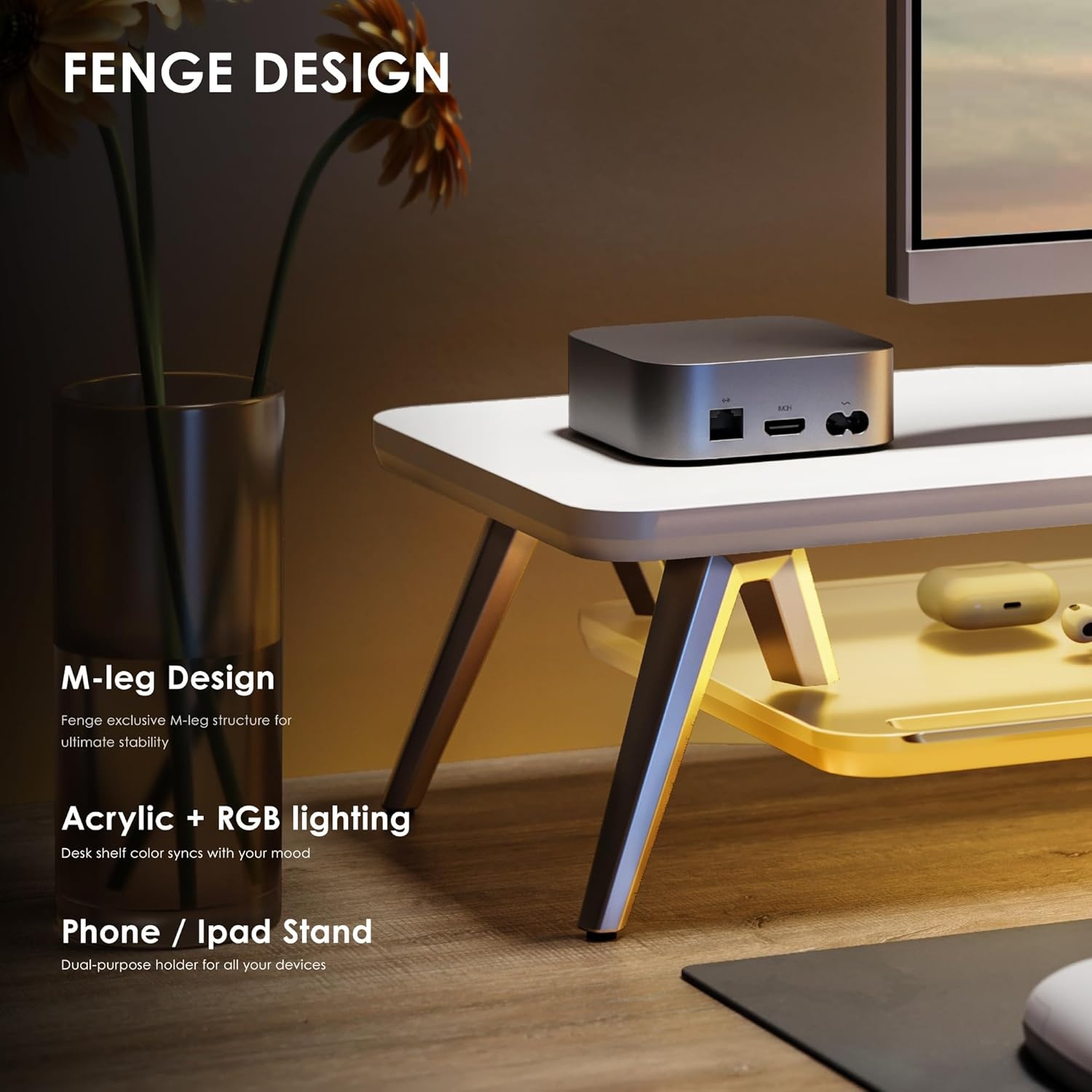 image:imageFenge Dual Monitor Stand 2 Tiers Acrylic Monitor Riser with LED Lights 425 Inch Wood and Aluminum Desk Shelf with Phone and Tablet HolderWhite