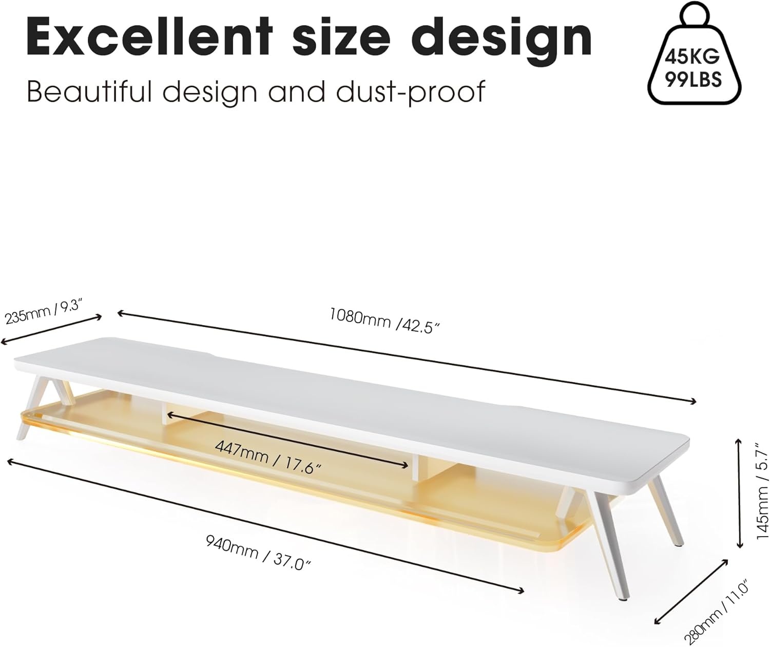 image:imageFenge Dual Monitor Stand 2 Tiers Acrylic Monitor Riser with LED Lights 425 Inch Wood and Aluminum Desk Shelf with Phone and Tablet HolderWhite