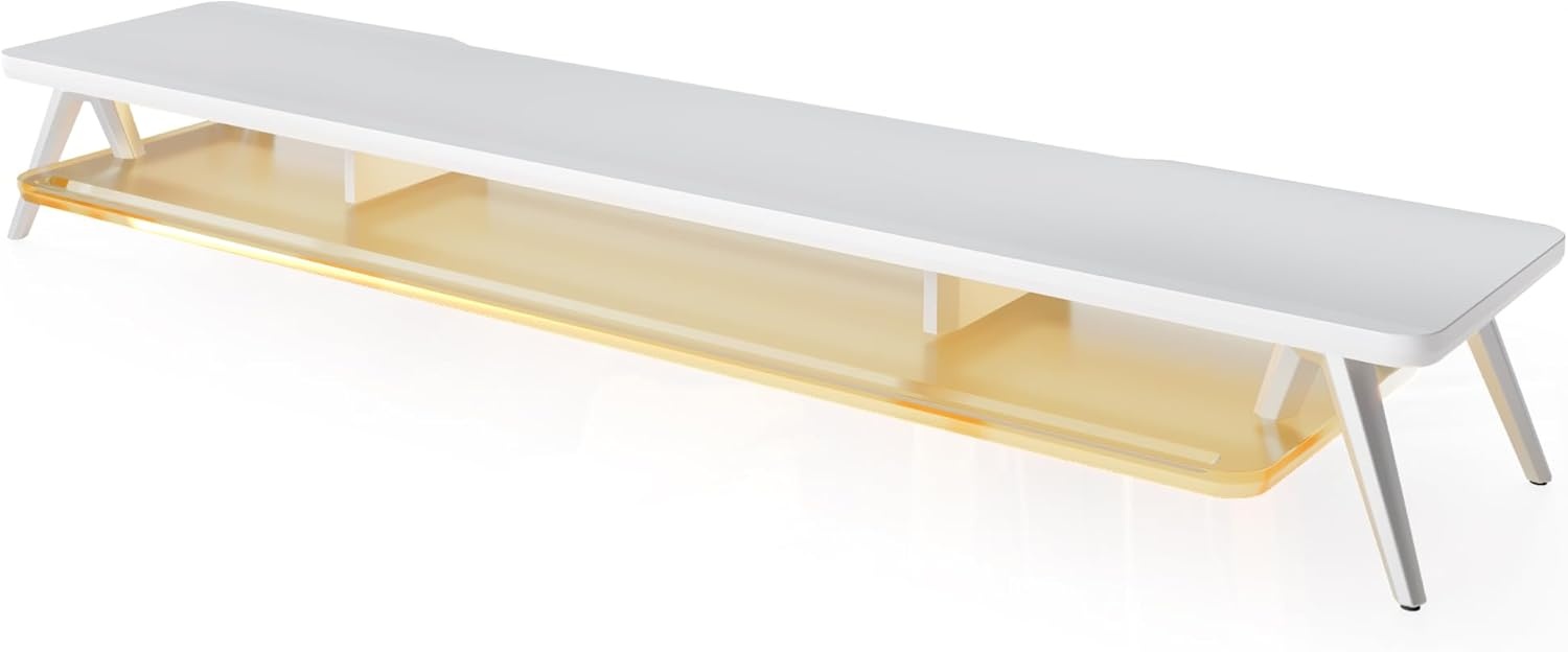 image:imageFenge Dual Monitor Stand 2 Tiers Acrylic Monitor Riser with LED Lights 425 Inch Wood and Aluminum Desk Shelf with Phone and Tablet HolderWhite