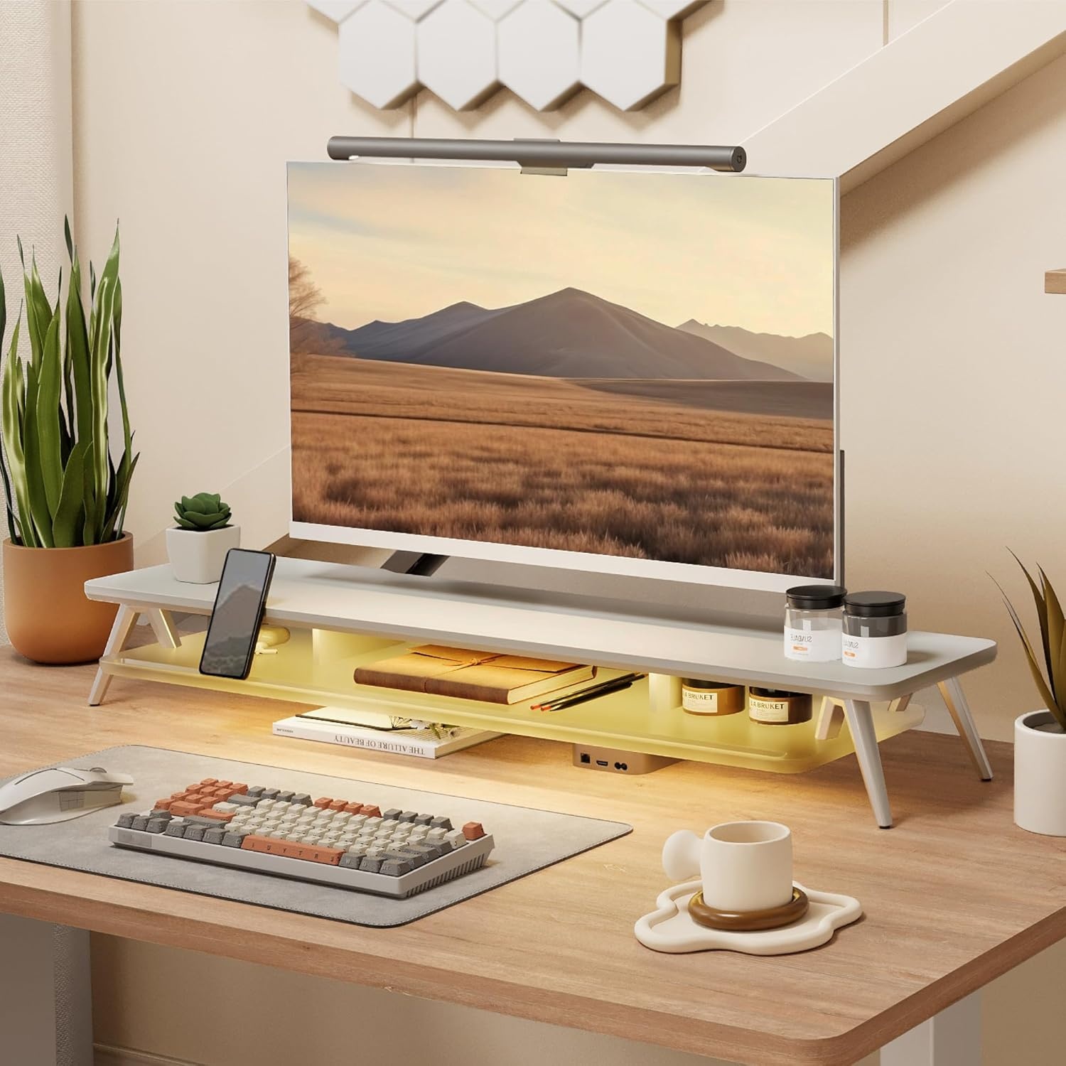 image:imageFenge Dual Monitor Stand 2 Tiers Acrylic Monitor Riser with LED Lights 425 Inch Wood and Aluminum Desk Shelf with Phone and Tablet HolderWhite