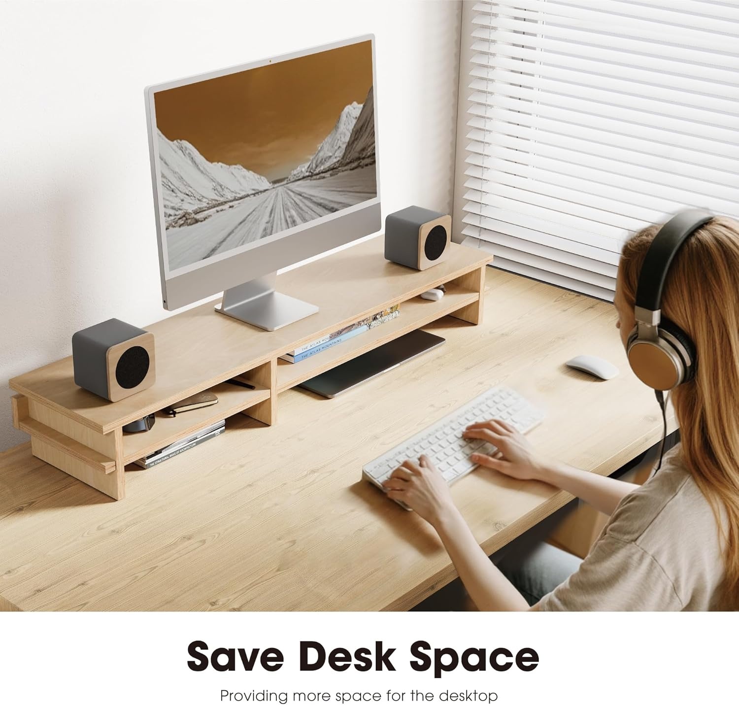 image:imageFenge Dual Monitor Stand 394in Wood Monitor Riser for 2 Monitors 2 Tiers Desk Shelf with Cable Mangement for Top of Desk Computer Stand for Laptop PC Printer