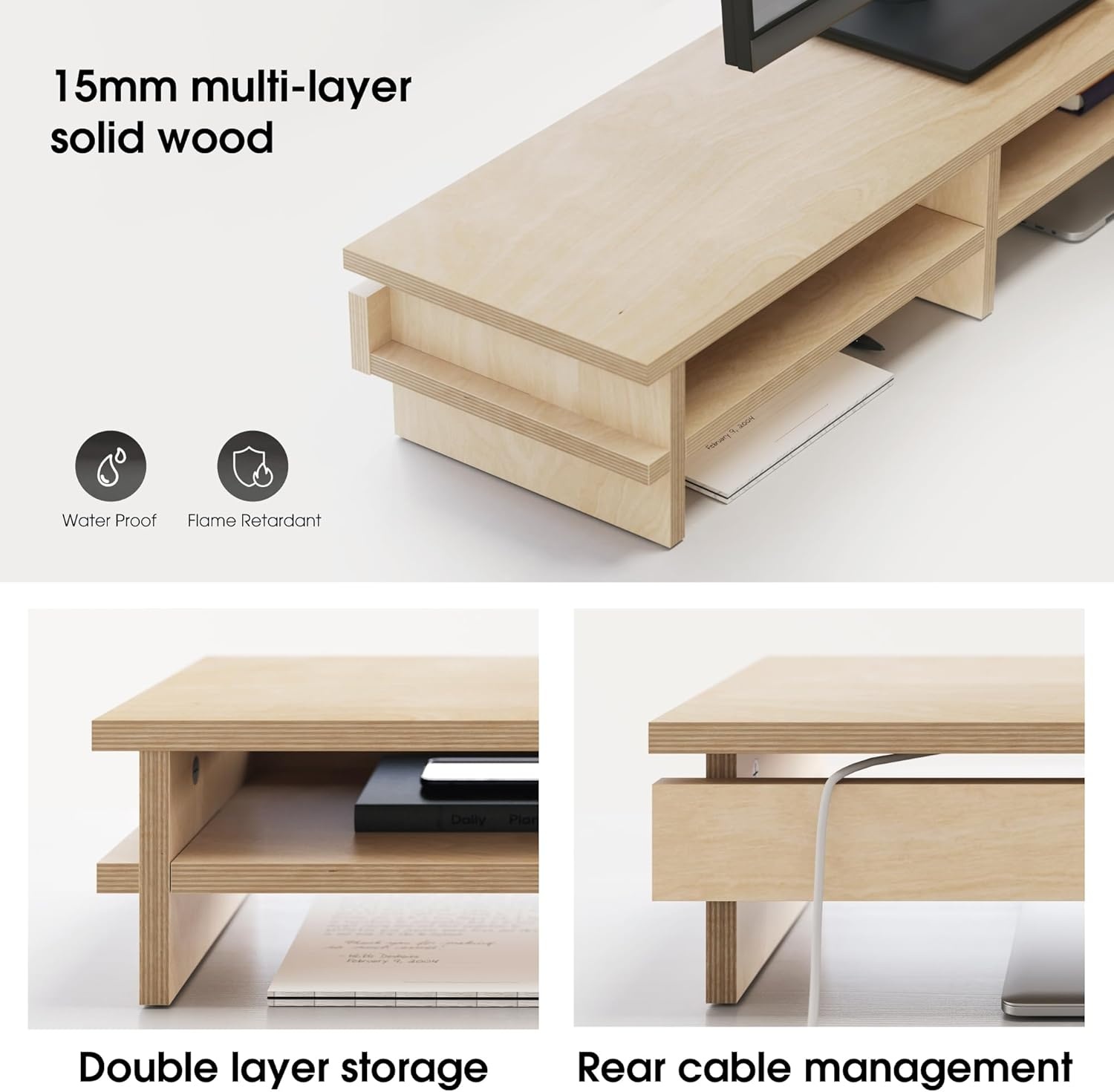 image:imageFenge Dual Monitor Stand 394in Wood Monitor Riser for 2 Monitors 2 Tiers Desk Shelf with Cable Mangement for Top of Desk Computer Stand for Laptop PC Printer