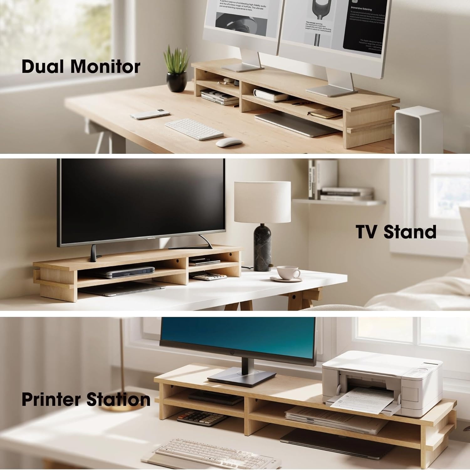 image:imageFenge Dual Monitor Stand 394in Wood Monitor Riser for 2 Monitors 2 Tiers Desk Shelf with Cable Mangement for Top of Desk Computer Stand for Laptop PC Printer