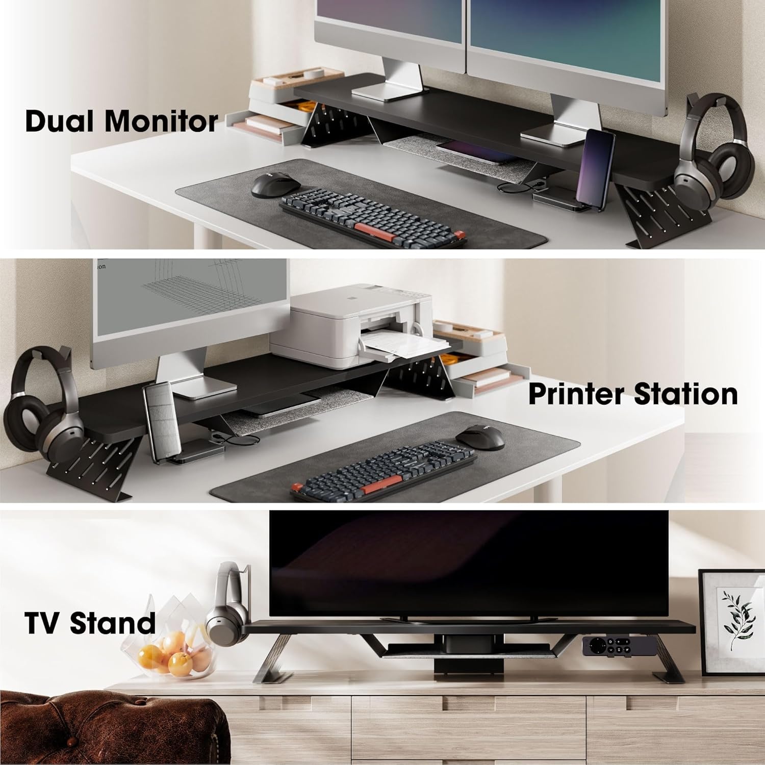 image:imageFenge Dual Monitor Stand 425 Inch Monitor Riser for Desk Wood Desk Shelf for 2 Monitors 2 Tier Monitor Shelf with Headphone Stand amp Phone HolderBlack