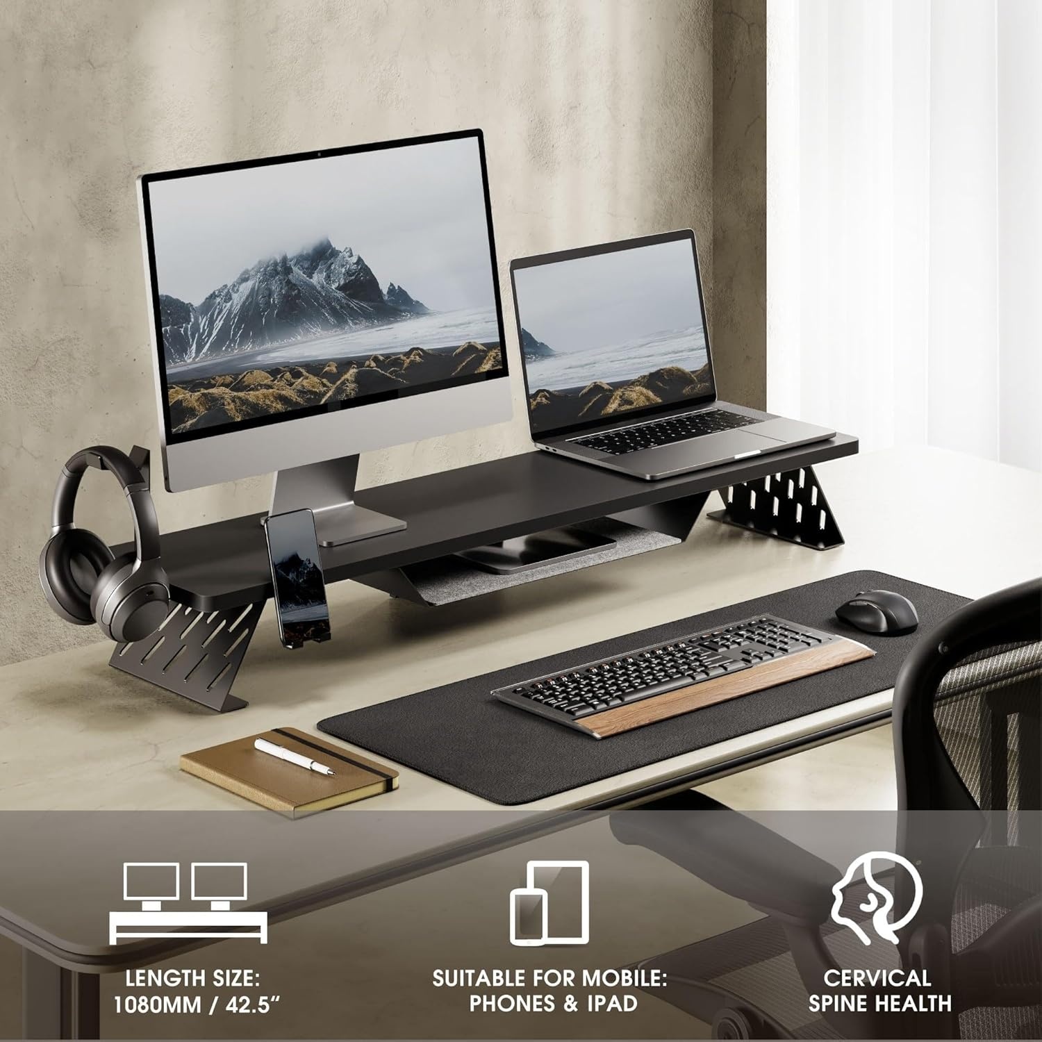 image:imageFenge Dual Monitor Stand 425 Inch Monitor Riser for Desk Wood Desk Shelf for 2 Monitors 2 Tier Monitor Shelf with Headphone Stand amp Phone HolderBlack