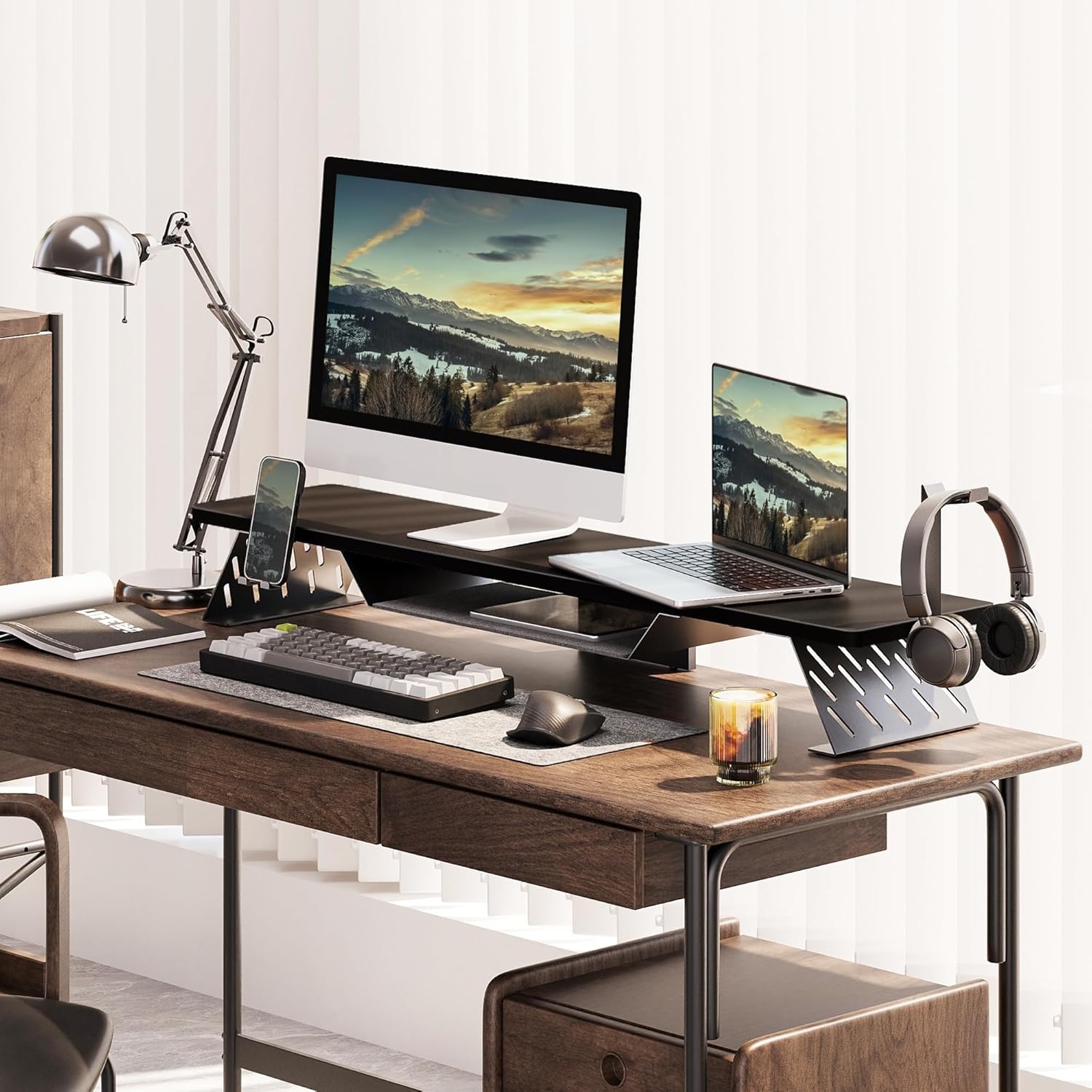 image:imageFenge Dual Monitor Stand 425 Inch Monitor Riser for Desk Wood Desk Shelf for 2 Monitors 2 Tier Monitor Shelf with Headphone Stand amp Phone HolderBlack