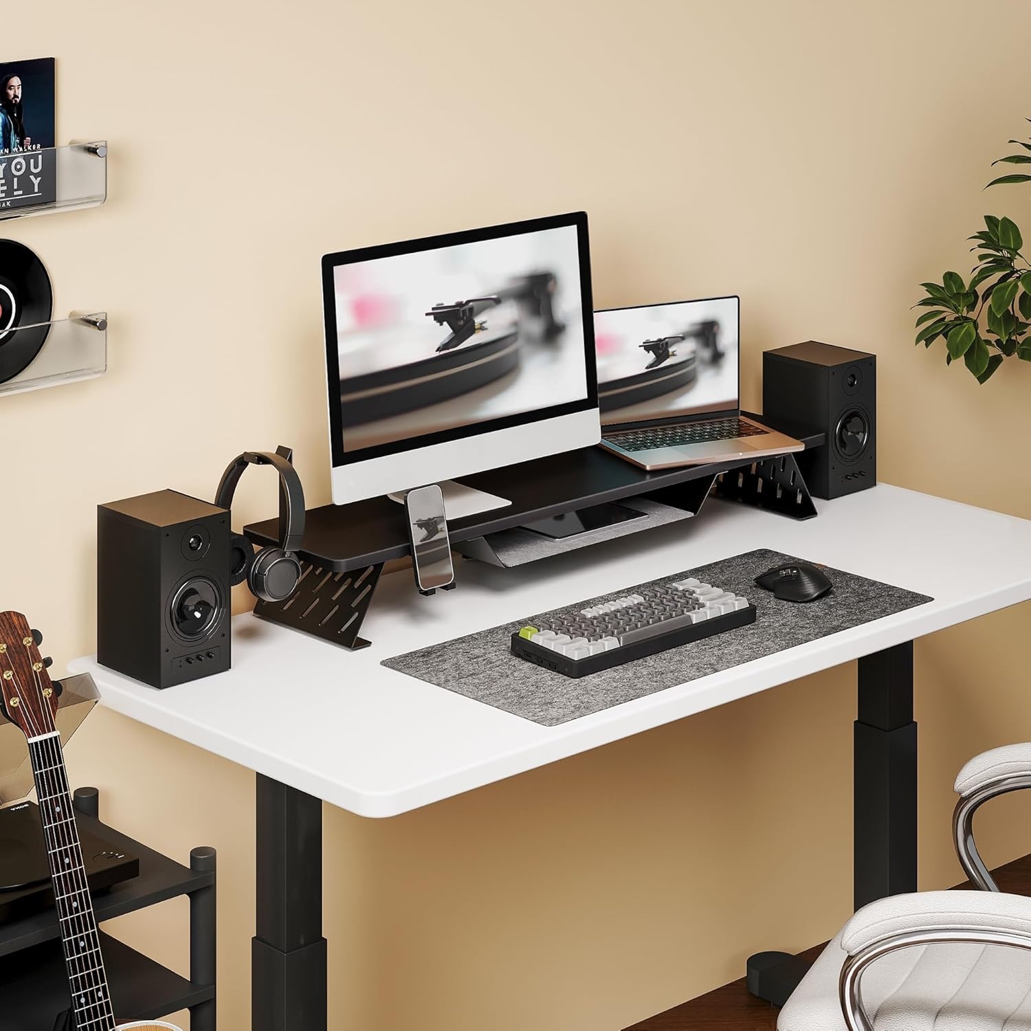 image:imageFenge Dual Monitor Stand 425 Inch Monitor Riser for Desk Wood Desk Shelf for 2 Monitors 2 Tier Monitor Shelf with Headphone Stand amp Phone HolderBlack