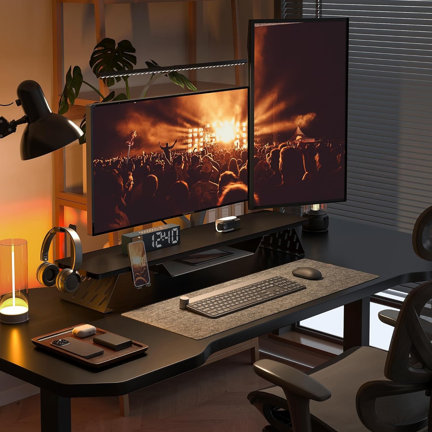 image:imageFenge Dual Monitor Stand 425 Inch Monitor Riser for Desk Wood Desk Shelf for 2 Monitors 2 Tier Monitor Shelf with Headphone Stand amp Phone HolderBlack