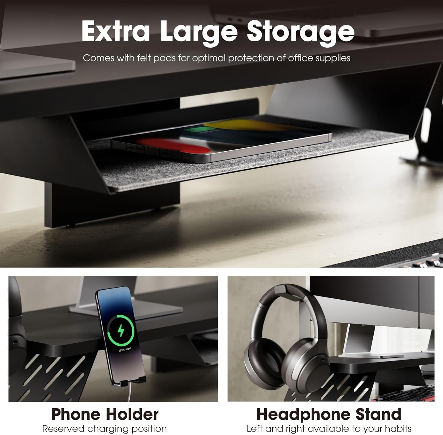 image:imageFenge Dual Monitor Stand 425 Inch Monitor Riser for Desk Wood Desk Shelf for 2 Monitors 2 Tier Monitor Shelf with Headphone Stand amp Phone HolderBlack