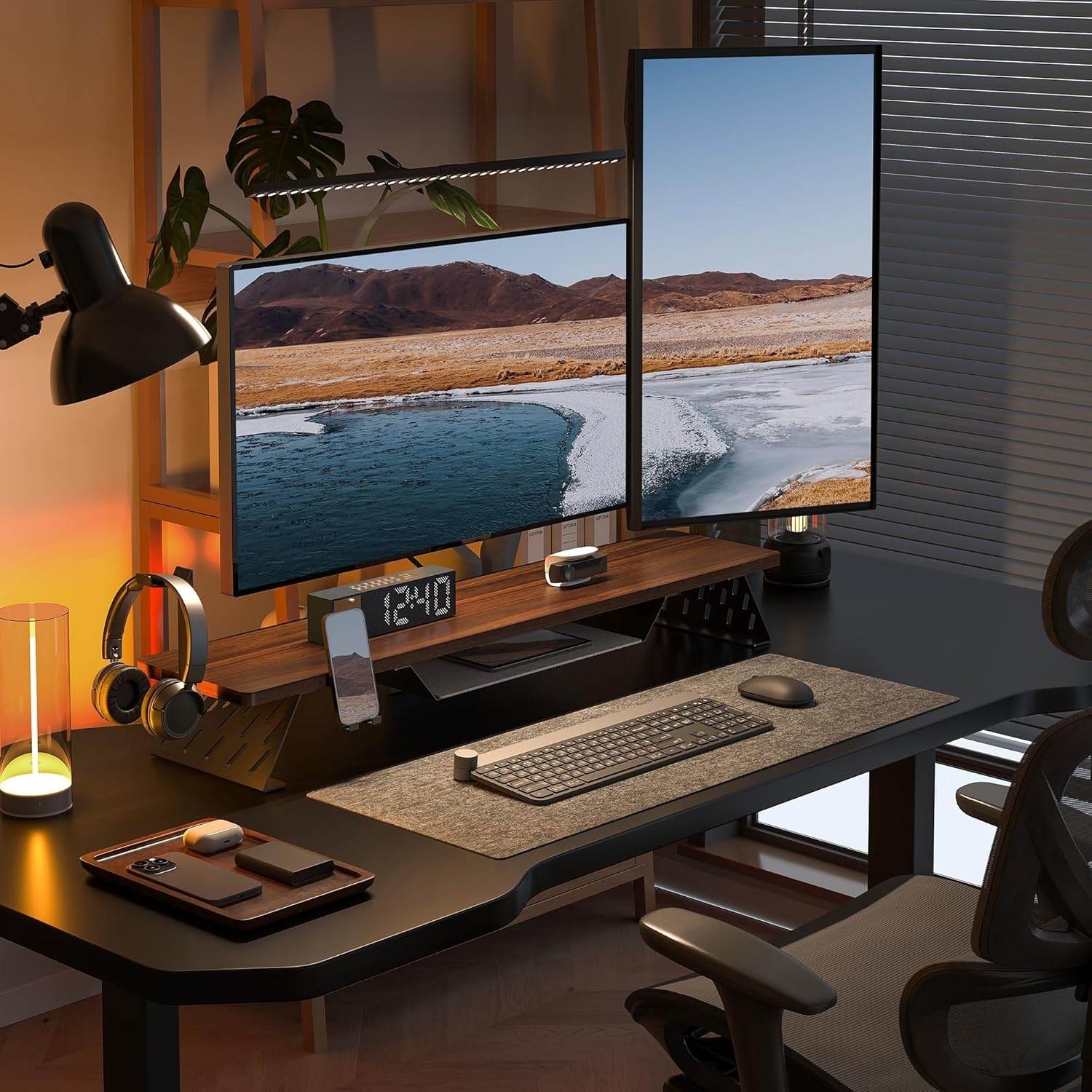 image:imageFenge Dual Monitor Stand 425 Inch Monitor Riser for Desk Wood Desk Shelf for 2 Monitors 2 Tier Monitor Shelf with Headphone Stand amp Phone HolderBrown