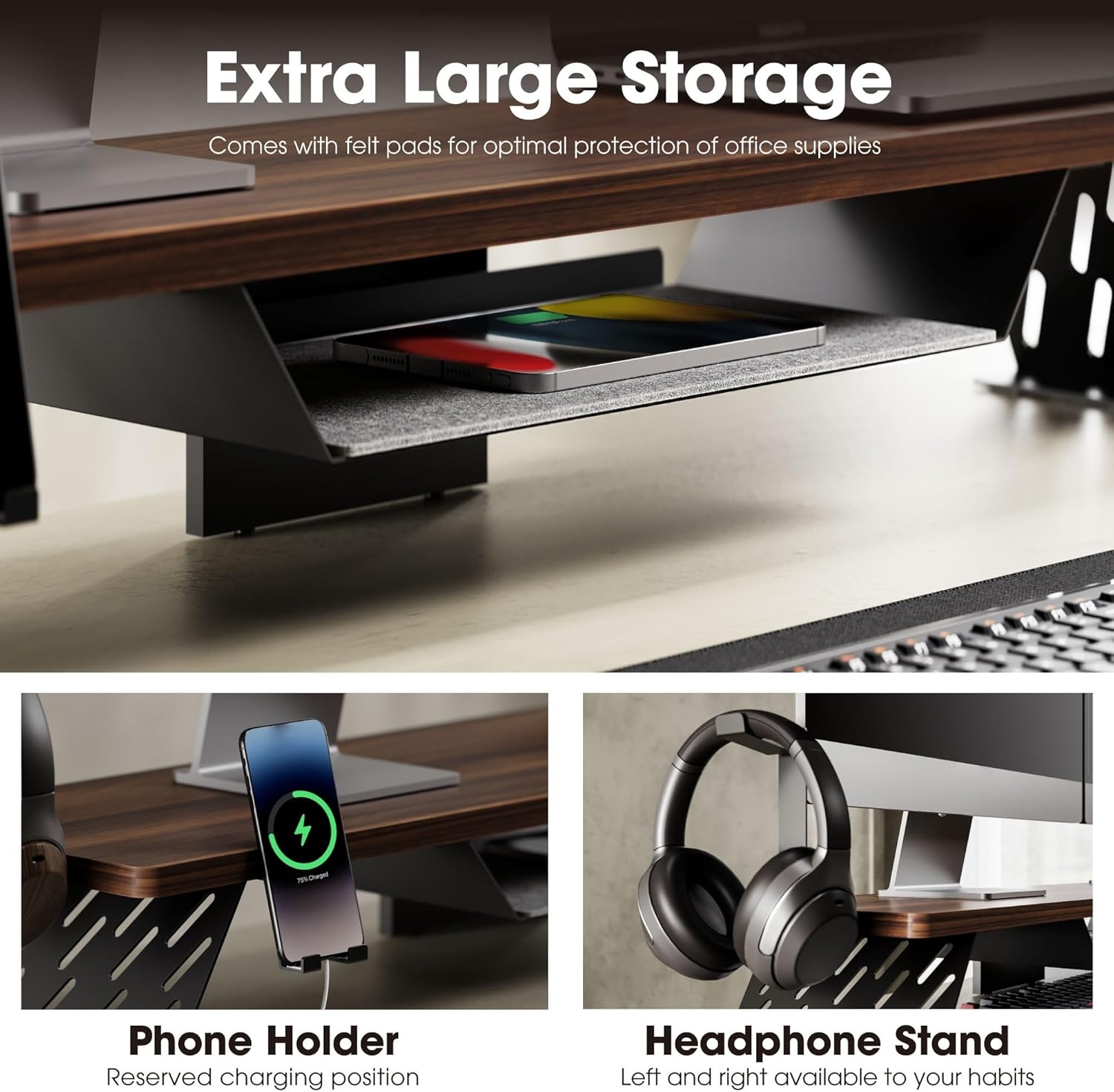 image:imageFenge Dual Monitor Stand 425 Inch Monitor Riser for Desk Wood Desk Shelf for 2 Monitors 2 Tier Monitor Shelf with Headphone Stand amp Phone HolderBrown