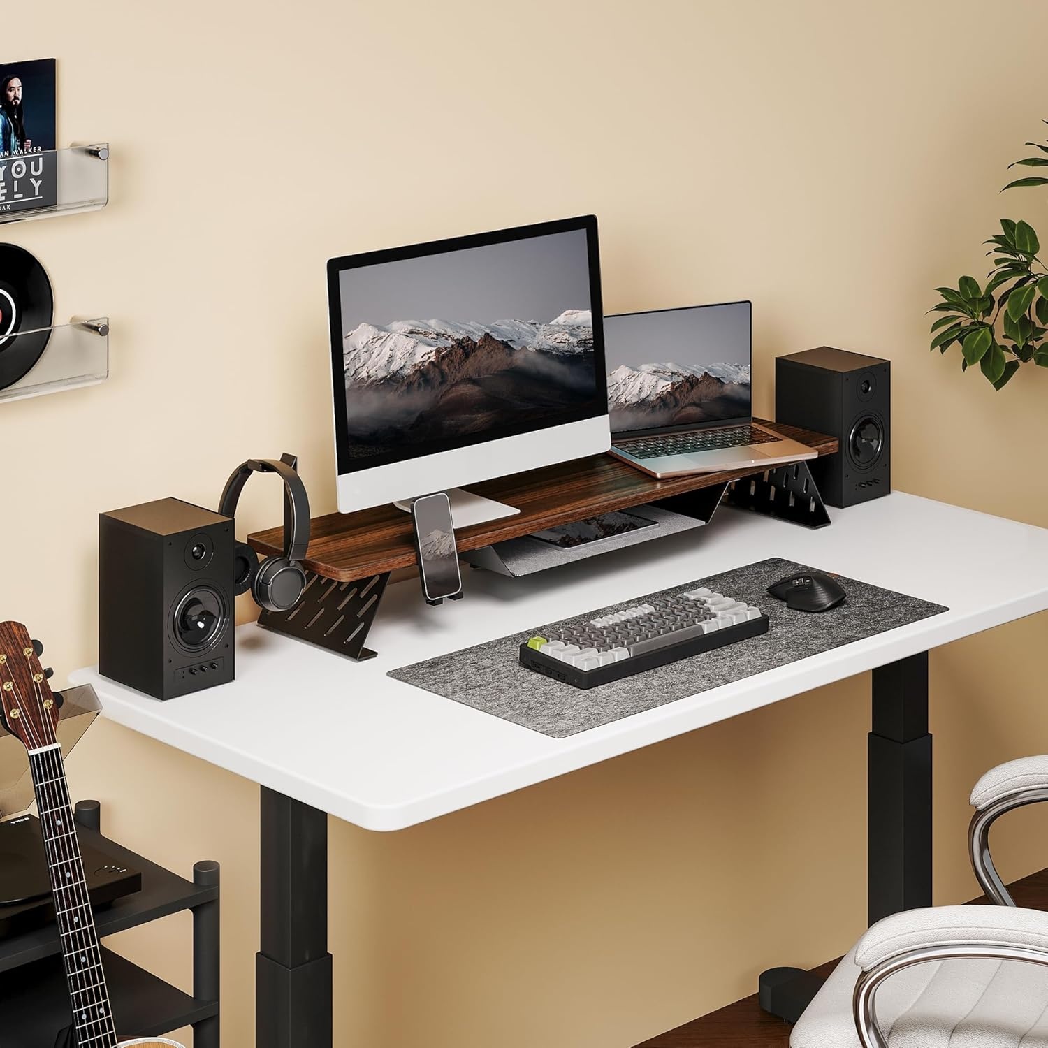 image:imageFenge Dual Monitor Stand 425 Inch Monitor Riser for Desk Wood Desk Shelf for 2 Monitors 2 Tier Monitor Shelf with Headphone Stand amp Phone HolderBrown