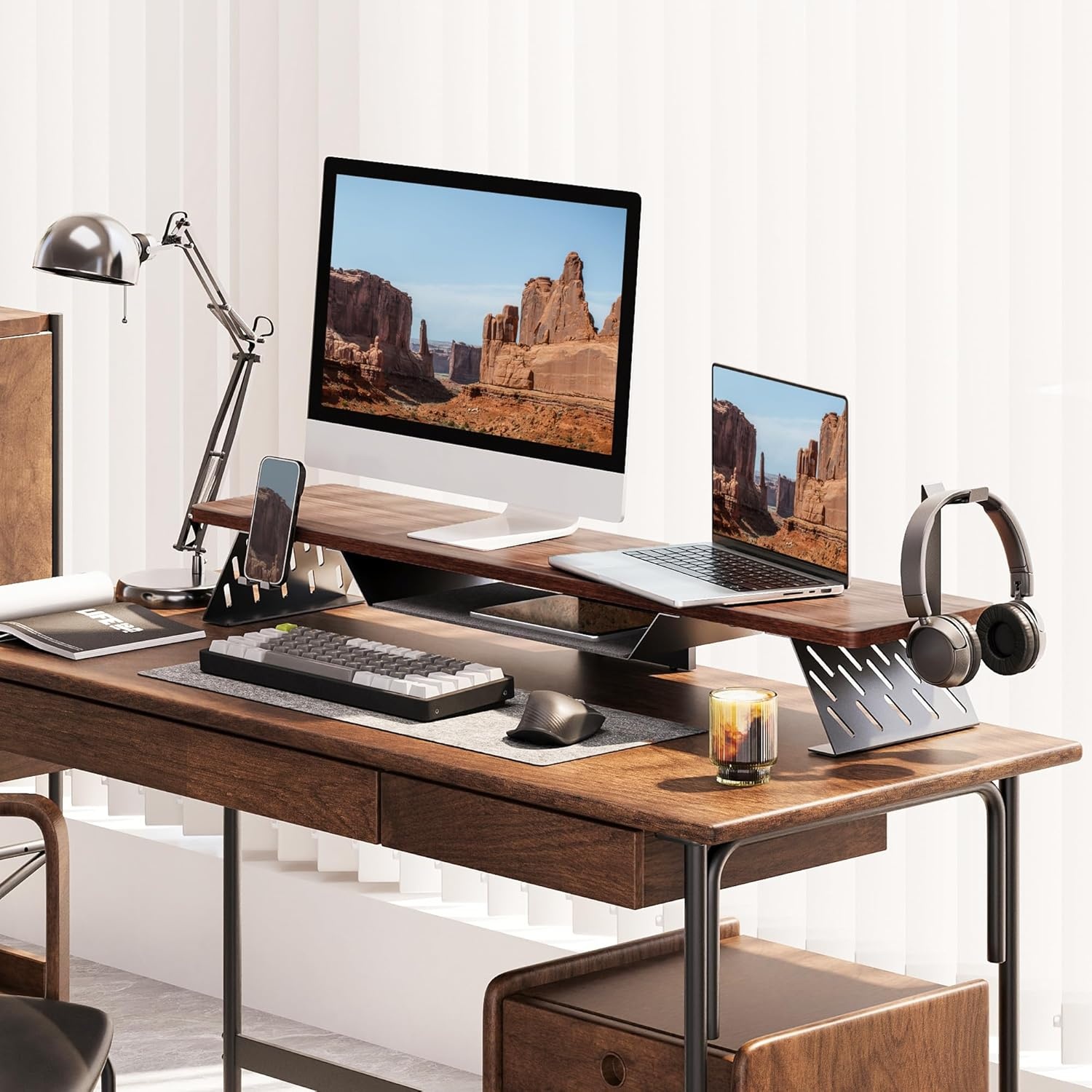 image:imageFenge Dual Monitor Stand 425 Inch Monitor Riser for Desk Wood Desk Shelf for 2 Monitors 2 Tier Monitor Shelf with Headphone Stand amp Phone HolderBrown