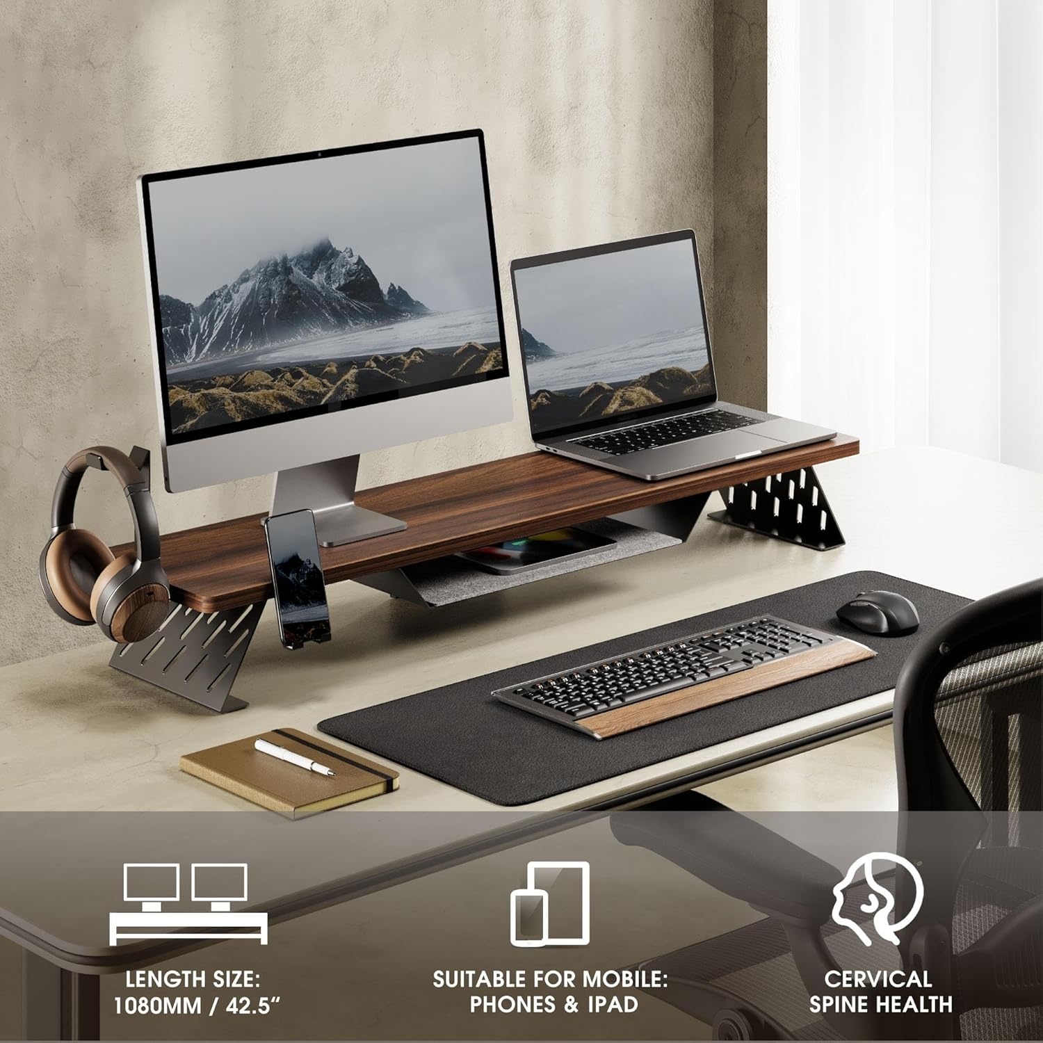 image:imageFenge Dual Monitor Stand 425 Inch Monitor Riser for Desk Wood Desk Shelf for 2 Monitors 2 Tier Monitor Shelf with Headphone Stand amp Phone HolderBrown
