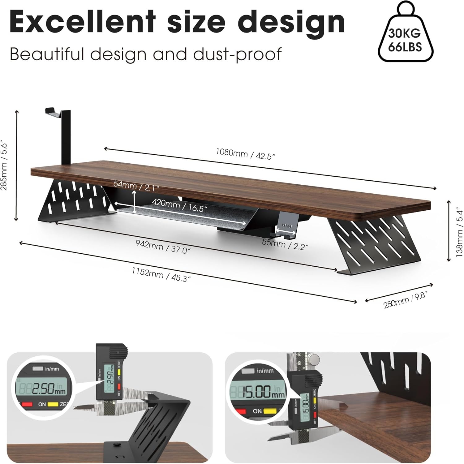 image:imageFenge Dual Monitor Stand 425 Inch Monitor Riser for Desk Wood Desk Shelf for 2 Monitors 2 Tier Monitor Shelf with Headphone Stand amp Phone HolderBrown