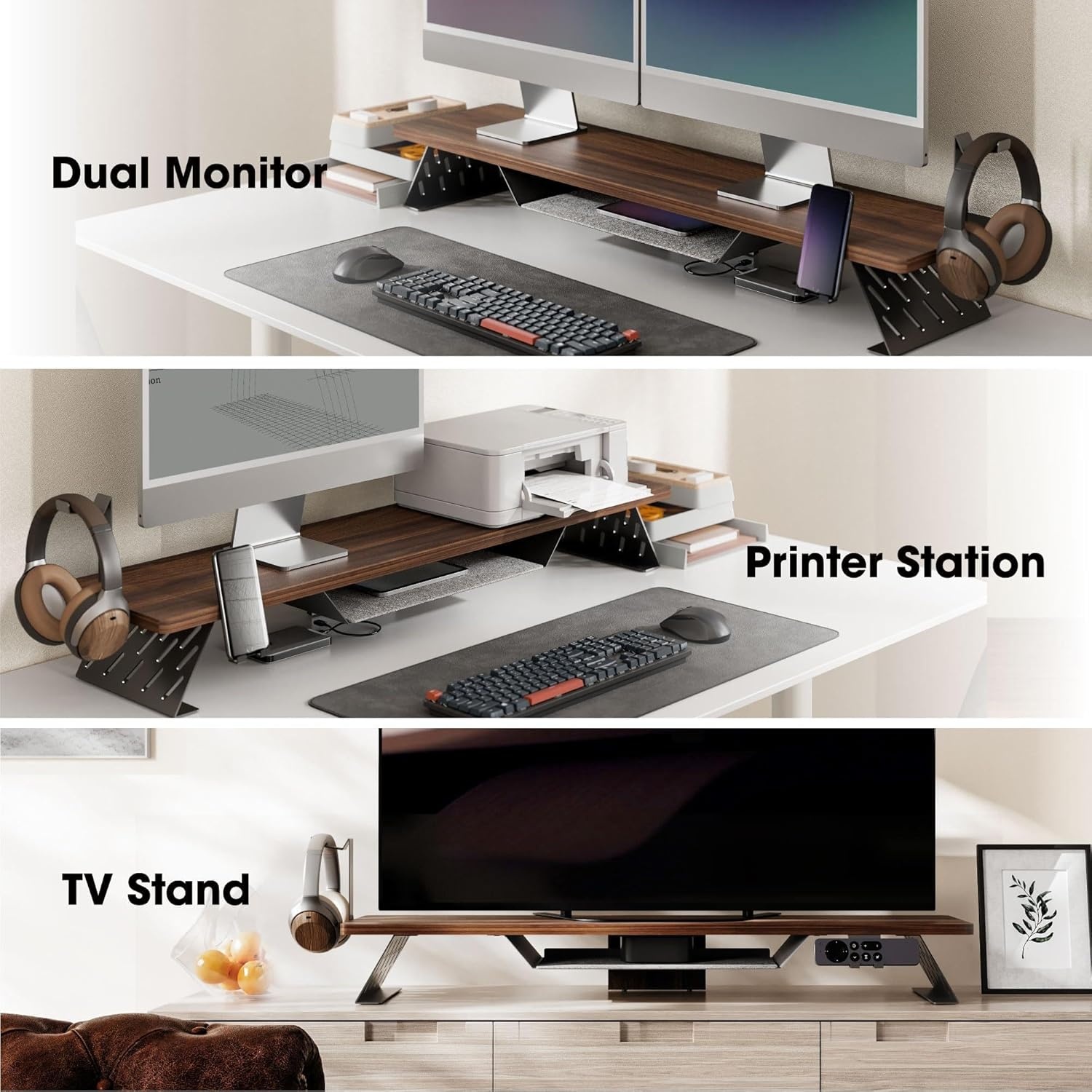 image:imageFenge Dual Monitor Stand 425 Inch Monitor Riser for Desk Wood Desk Shelf for 2 Monitors 2 Tier Monitor Shelf with Headphone Stand amp Phone HolderBrown