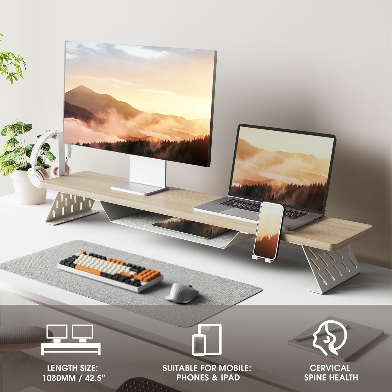 image:imageFenge Dual Monitor Stand 425 Inch Monitor Riser for Desk Wood Desk Shelf for 2 Monitors 2 Tier Monitor Shelf with Headphone Stand amp Phone HolderOak