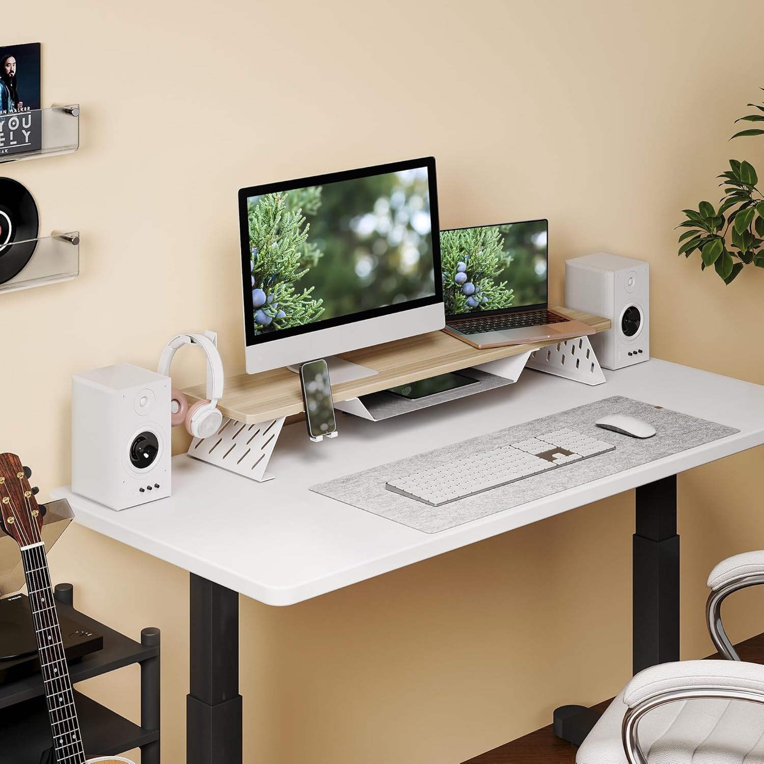 image:imageFenge Dual Monitor Stand 425 Inch Monitor Riser for Desk Wood Desk Shelf for 2 Monitors 2 Tier Monitor Shelf with Headphone Stand amp Phone HolderOak