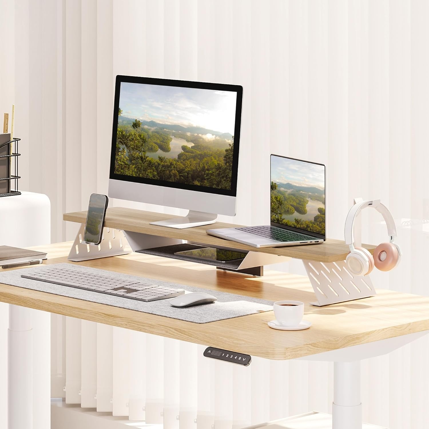 image:imageFenge Dual Monitor Stand 425 Inch Monitor Riser for Desk Wood Desk Shelf for 2 Monitors 2 Tier Monitor Shelf with Headphone Stand amp Phone HolderOak