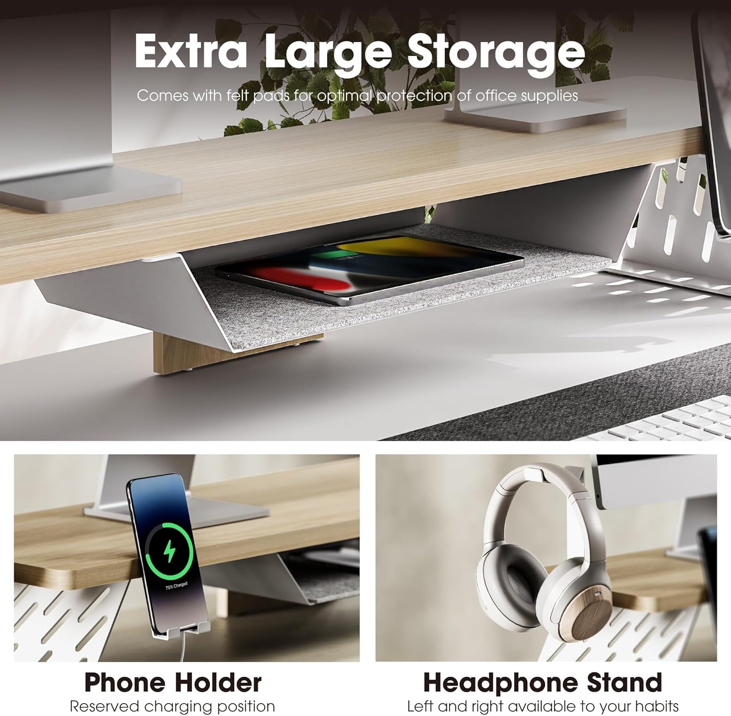 image:imageFenge Dual Monitor Stand 425 Inch Monitor Riser for Desk Wood Desk Shelf for 2 Monitors 2 Tier Monitor Shelf with Headphone Stand amp Phone HolderOak