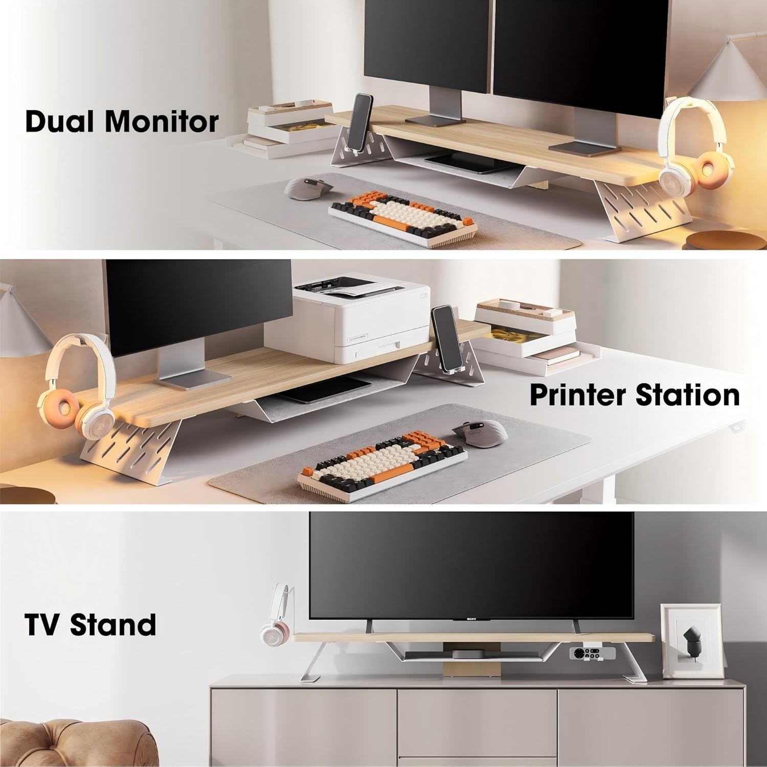 image:imageFenge Dual Monitor Stand 425 Inch Monitor Riser for Desk Wood Desk Shelf for 2 Monitors 2 Tier Monitor Shelf with Headphone Stand amp Phone HolderOak