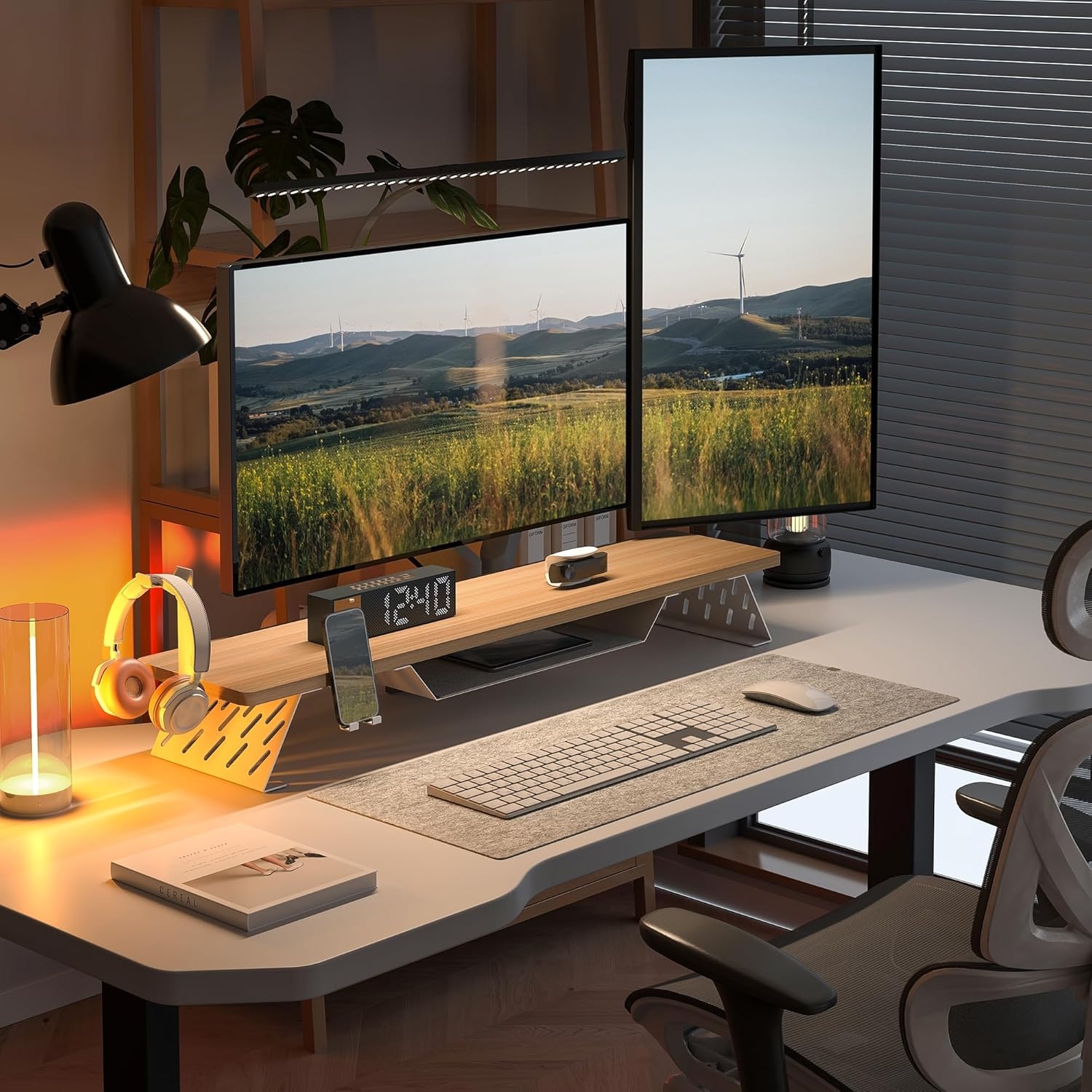 image:imageFenge Dual Monitor Stand 425 Inch Monitor Riser for Desk Wood Desk Shelf for 2 Monitors 2 Tier Monitor Shelf with Headphone Stand amp Phone HolderOak