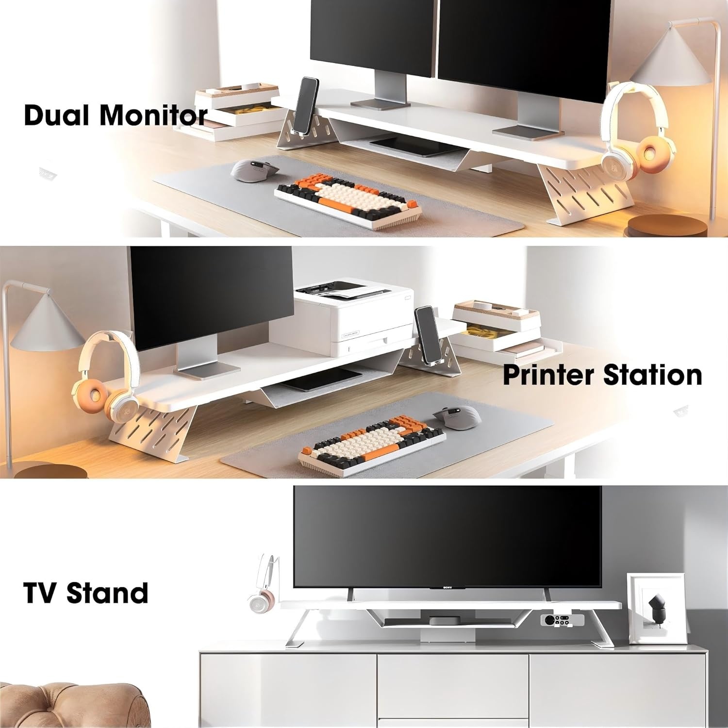 image:imageFenge Dual Monitor Stand 425 Inch Monitor Riser for Desk Wood Desk Shelf for 2 Monitors 2 Tier Monitor Shelf with Headphone Stand amp Phone HolderWhite