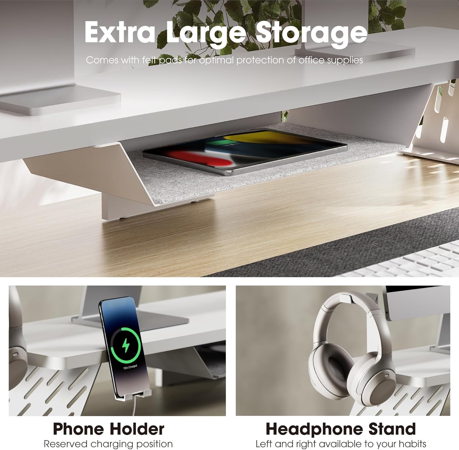 image:imageFenge Dual Monitor Stand 425 Inch Monitor Riser for Desk Wood Desk Shelf for 2 Monitors 2 Tier Monitor Shelf with Headphone Stand amp Phone HolderWhite