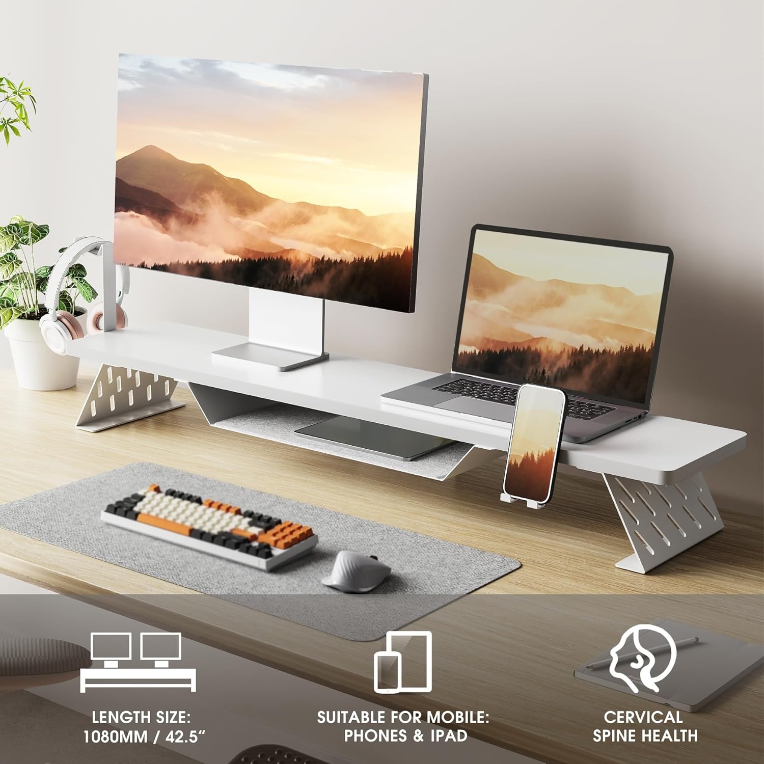 image:imageFenge Dual Monitor Stand 425 Inch Monitor Riser for Desk Wood Desk Shelf for 2 Monitors 2 Tier Monitor Shelf with Headphone Stand amp Phone HolderWhite